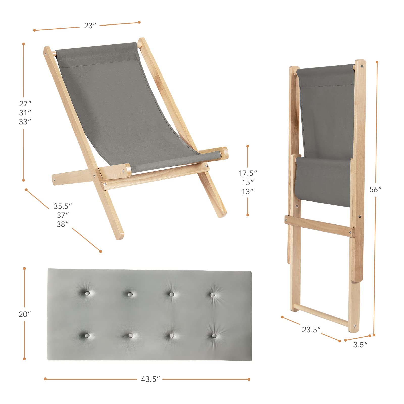 Tangkula Folding Sling Chair - Portable Outdoor Wooden Beach Lounge Chair with 3-Position Adjustable Backrest & Thick Cushion - Perfect for Backyard, Poolside, Balcony, Camping and Beach Relaxation