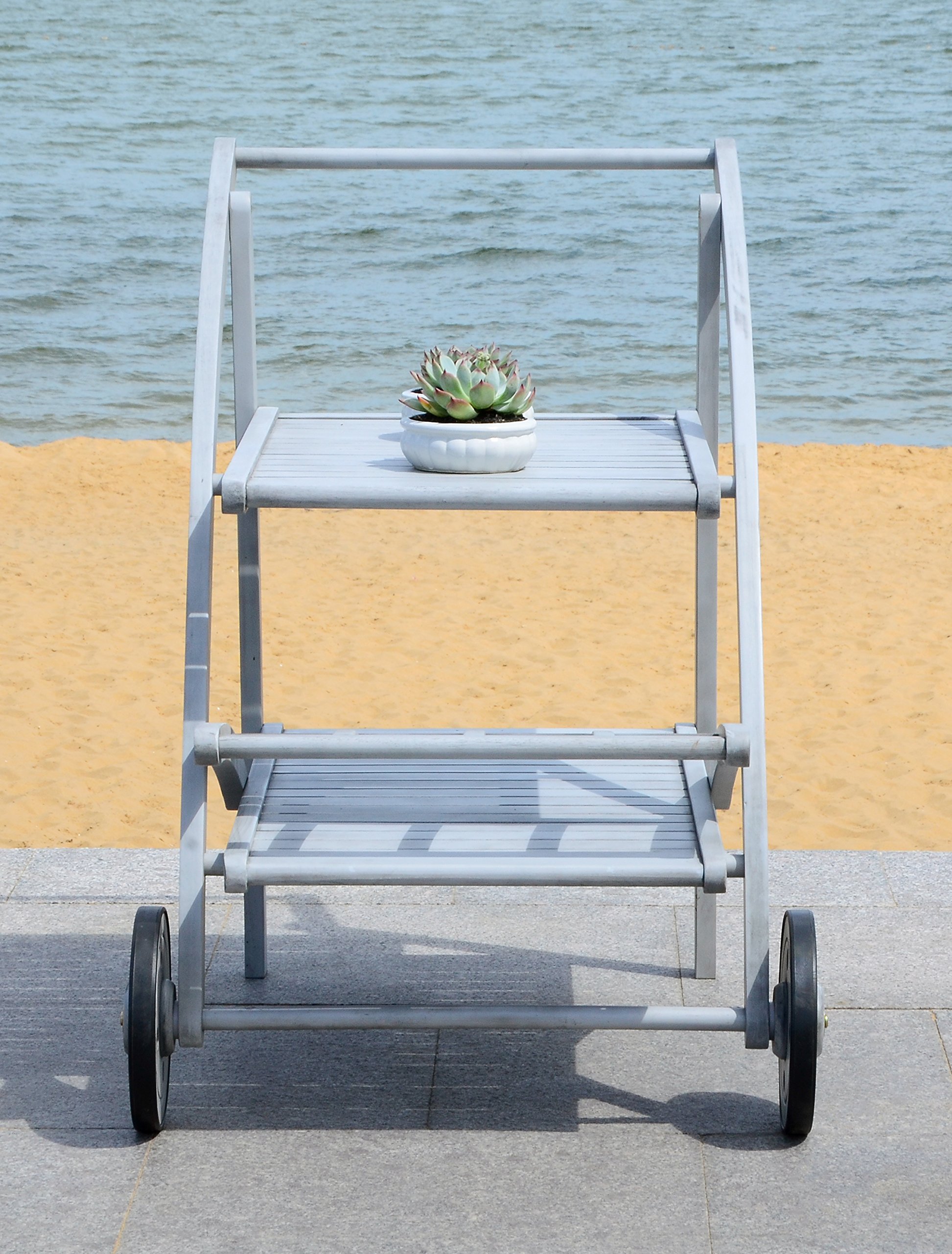 SAFAVIEH Outdoor Collection Lodi Tea Cart - Grey Wash Finish | Rustic Wooden Serving Cart with Wheels | Perfect for Patio, Garden & Indoor Decor