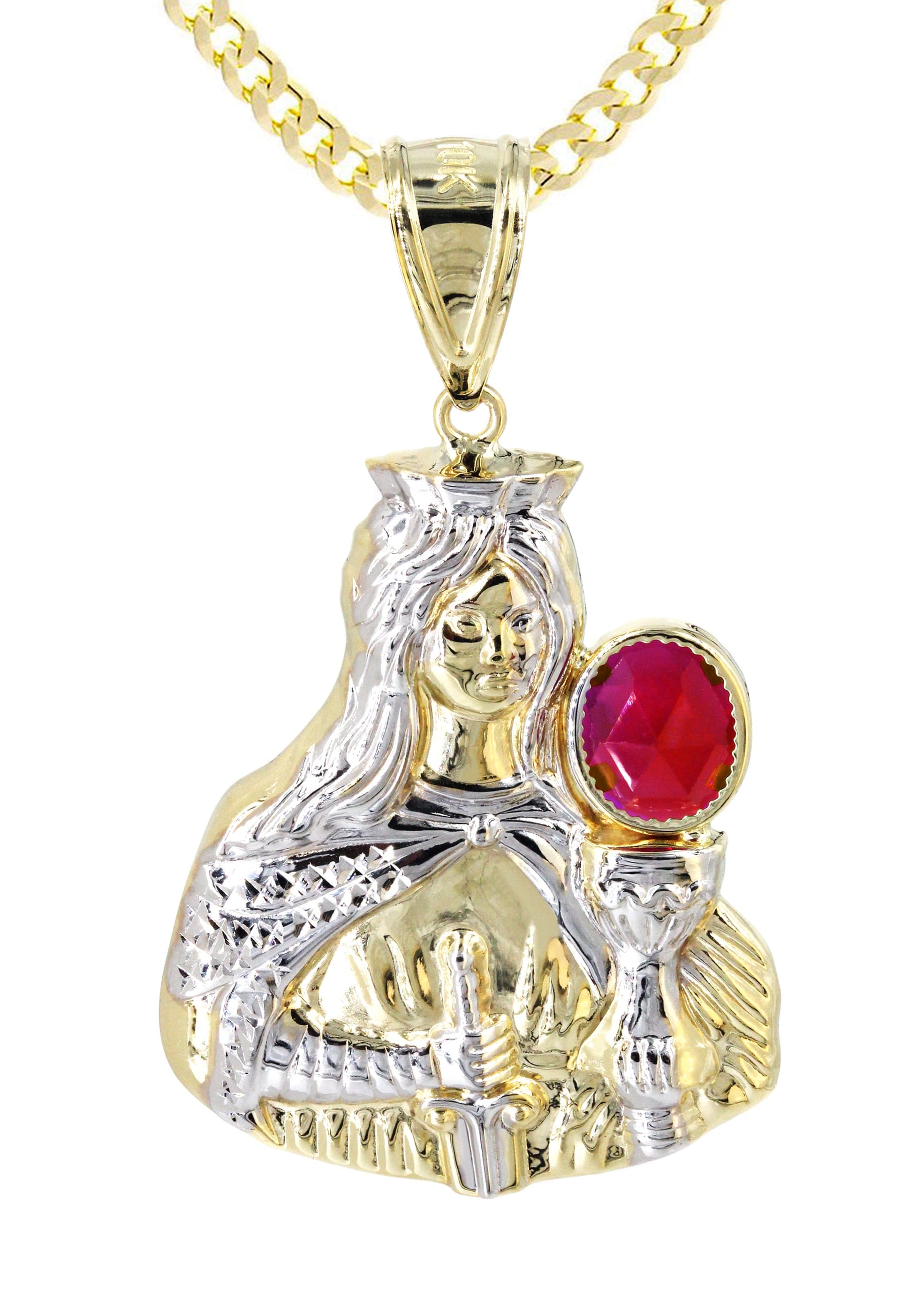 10K Yellow Gold Saint Barbara Necklace with Genuine Ruby Stone | 16.6 Grams | Religious Jewelry for Women | Perfect for Prayer, Protection & Faith-Based Gifts
