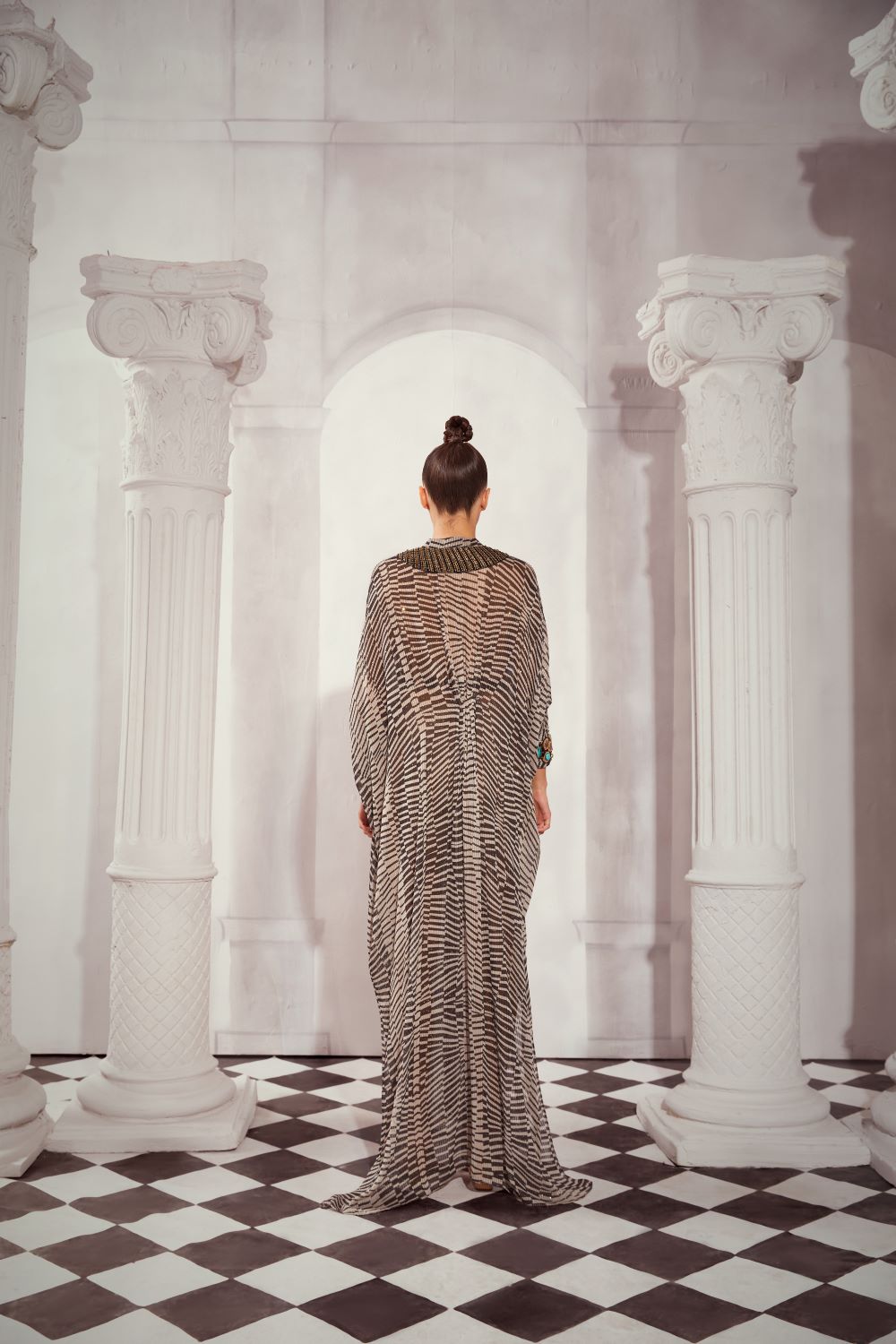 Elegant Black & White Byzantine Style Embellished Kaftan with Belt - Vintage Inspired Tunic for Women, Perfect for Boho Parties, Beach Coverups & Special Occasions