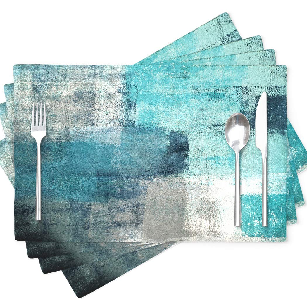 Modern Abstract Art Placemats - Turquoise & Grey Painting Design Waterproof Dining Mats 18