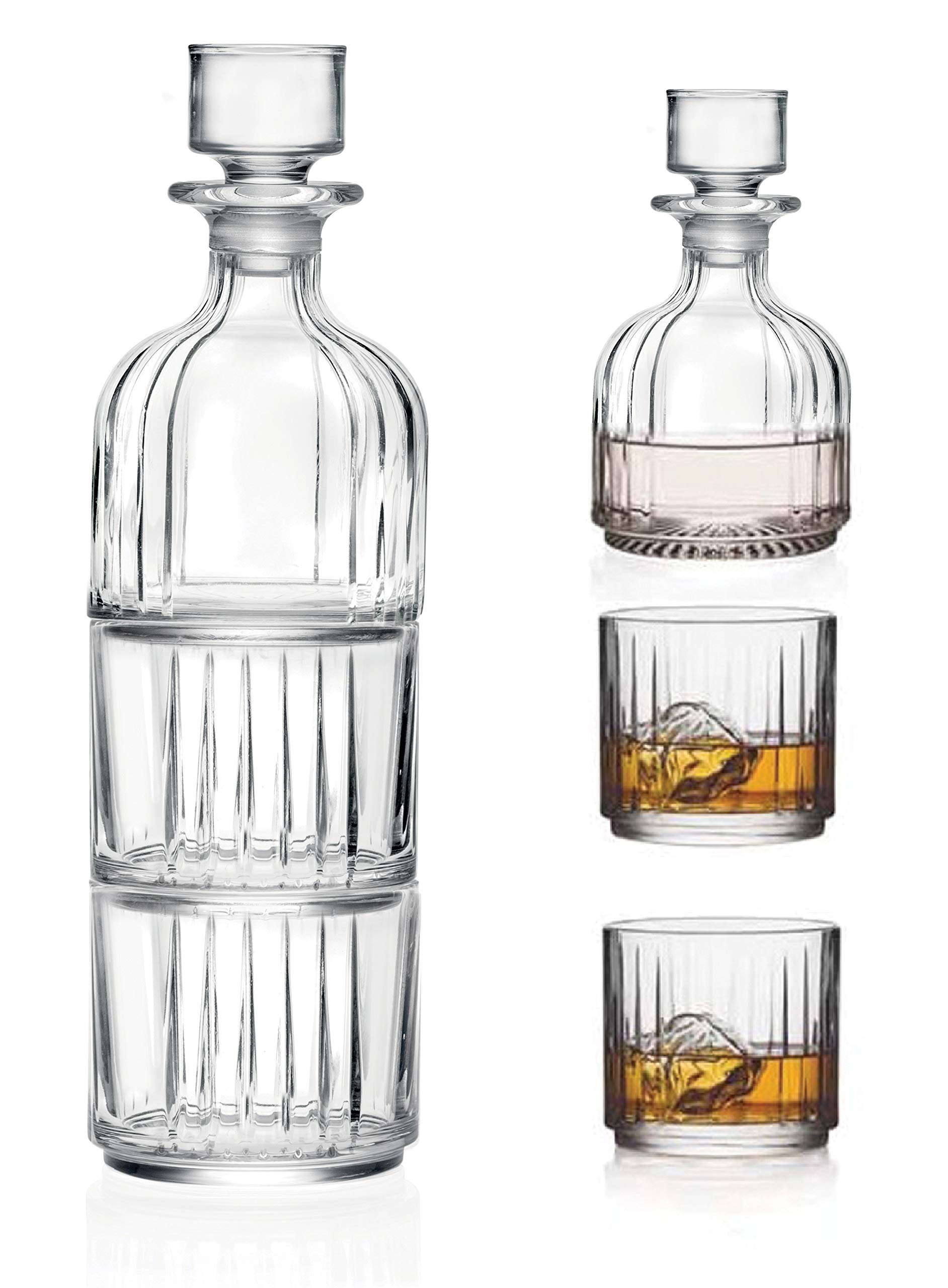 Premium Crystal Whiskey Decanter Set with 2 Stackable Old Fashioned Tumblers - 12oz European Glassware for Bourbon, Scotch & Cocktails - Elegant Home Bar & Gift Set for Whiskey Lovers