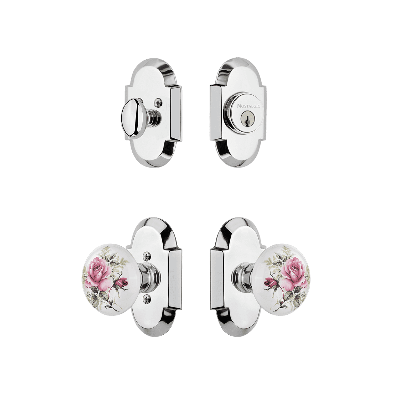 Vintage Cottage Entry Set with White Rose Porcelain Knob - Bright Chrome Door Handle for Bedroom, Bathroom & Interior Doors - Classic Home Decor Hardware for Traditional Houses