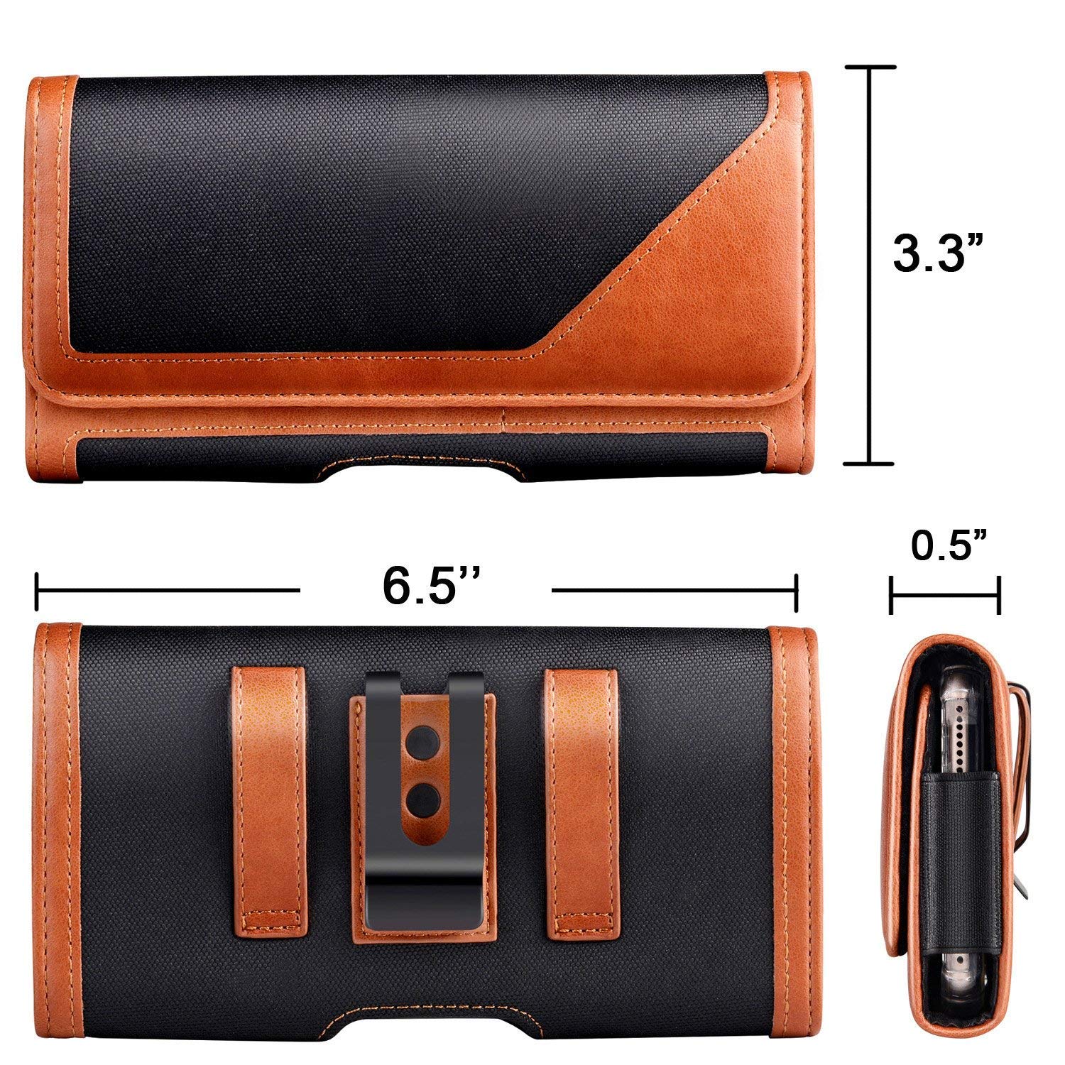 Gcepls iPhone XS MAX/XR/8 Plus/7 Plus Holster Pouch with Belt Clip & Card Slot - Compatible with Galaxy S9 Plus (Fits Thin Cases) - Black/Brown - Perfect for Outdoor Activities, Work & Travel