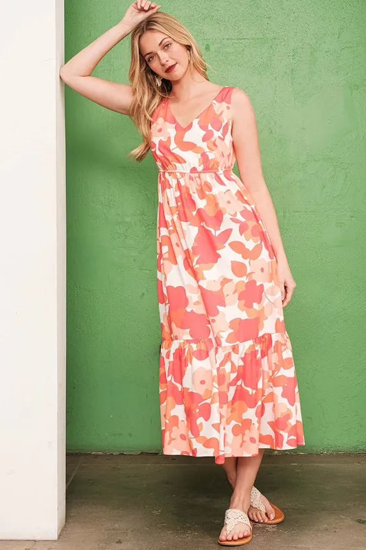 Floral Print Sleeveless V-Neck Midi Dress for Women | Lightweight Summer Dress for Beach, Vacation & Casual Wear