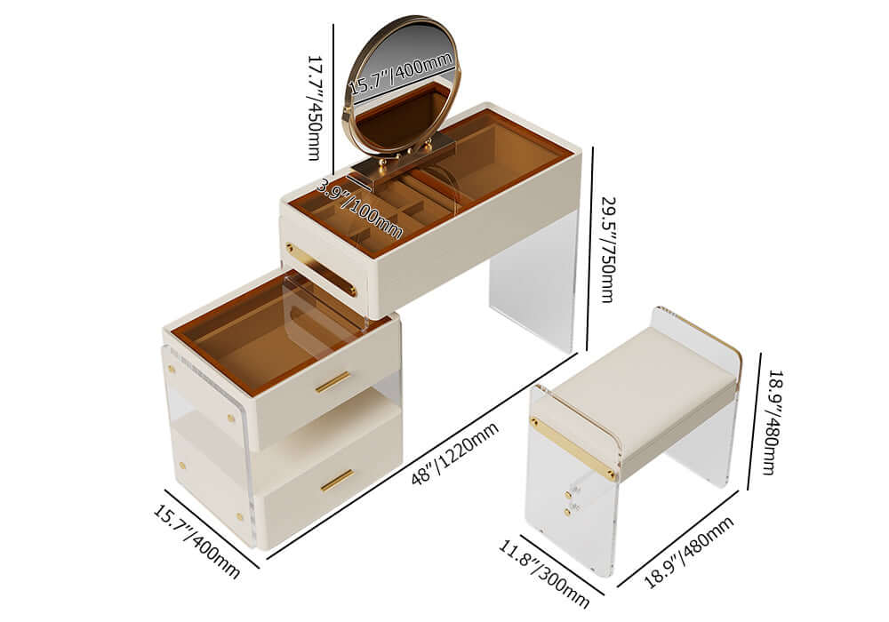 White Extendable Acrylic Makeup Vanity Set with Mirror, Stool & Drawers - Perfect for Bedroom, Dressing Room & Small Space Organization