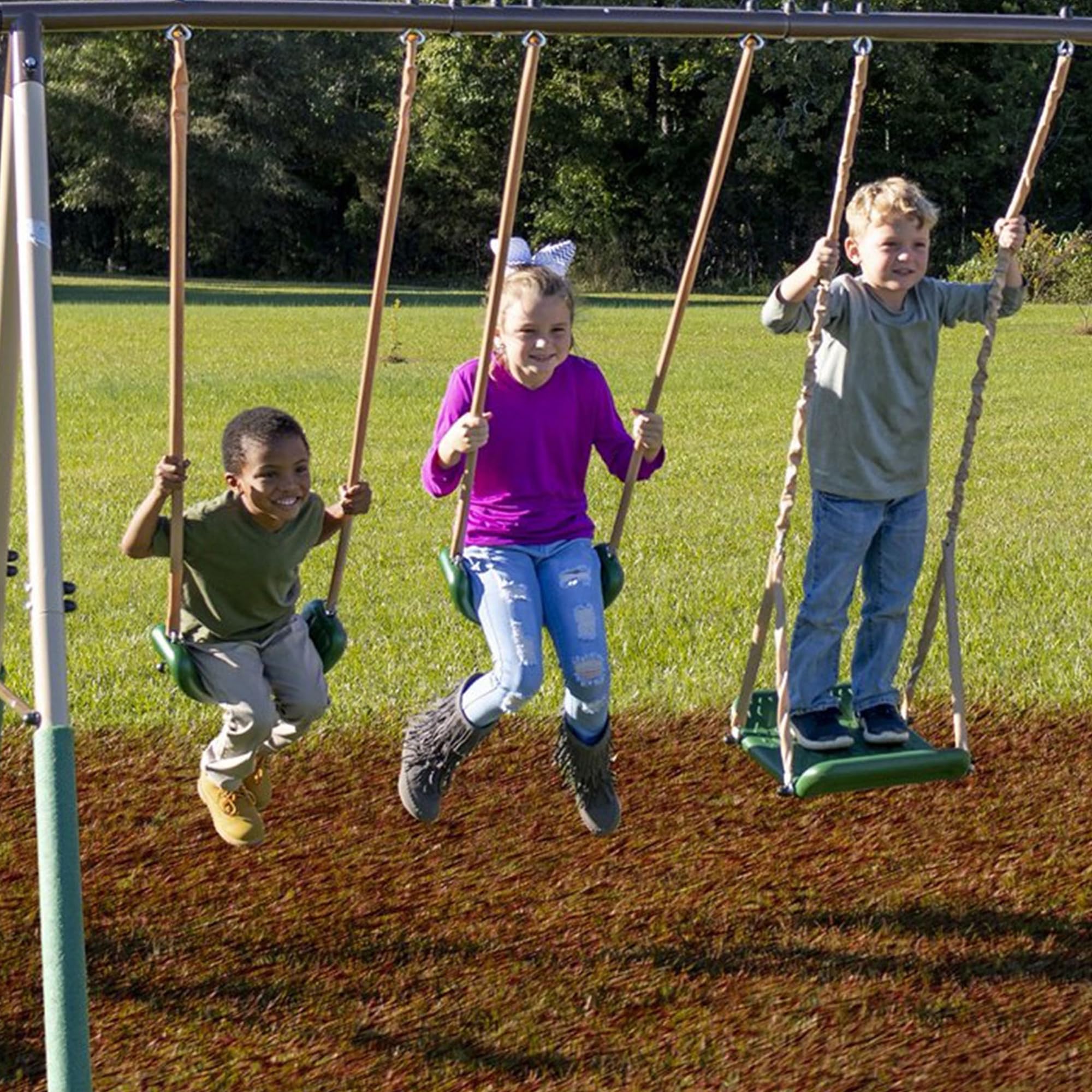 XDP Recreation Crestview Outdoor Metal Swing Set for Kids - Backyard Playset with 2 Swings, Slide, Stand N Swing, Fun Glider & See Saw - Green/Tan - Perfect for Outdoor Play, Birthday Gifts & Backyard Fun