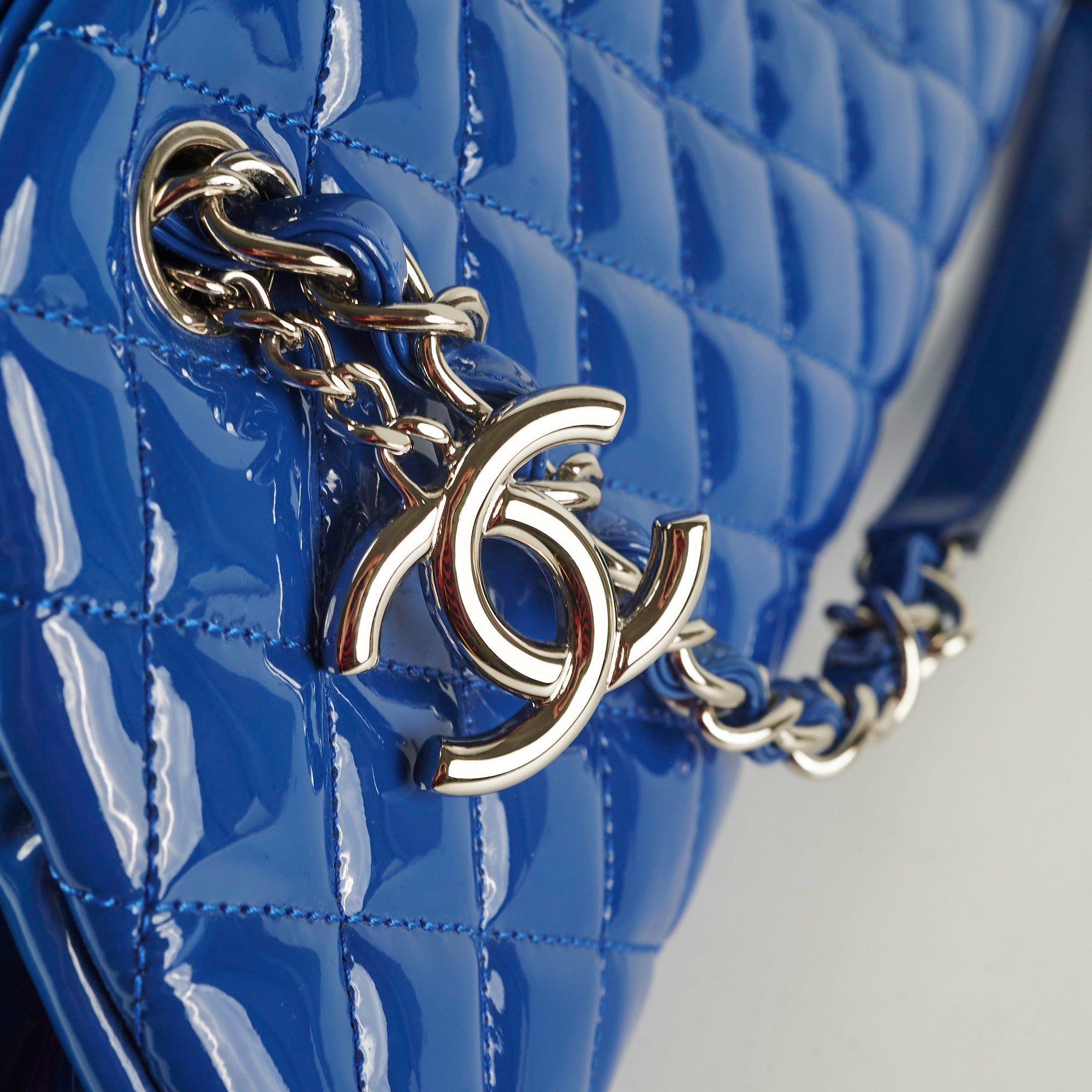 Chanel Just Mademoiselle Patent Leather Blue Bowler Handbag for Women | Luxury Designer Crossbody Purse for Evening Parties & Special Occasions