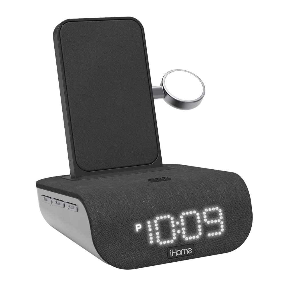 iHome TIMEBASE PRO+ Triple Charging Alarm Clock with Qi-Certified Wireless Charger, Apple Watch Charger, Bluetooth Speaker & USB Ports | Fast Charging for iPhone, Android, AirPods | Bedside, Office, Travel Use (Model iWBTW200B)