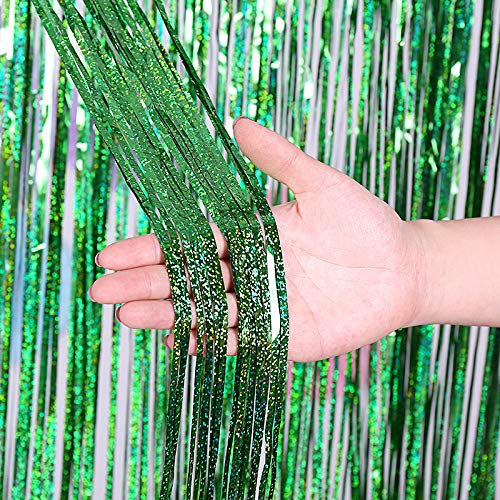 2 Pack 3m x 1m Metallic Tinsel Foil Fringe Curtains - Green Shimmer Party Decor for Birthday, Wedding, Christmas & New Year Celebrations - Perfect for Photo Booths, Stage Backdrops & Festive Home Decor