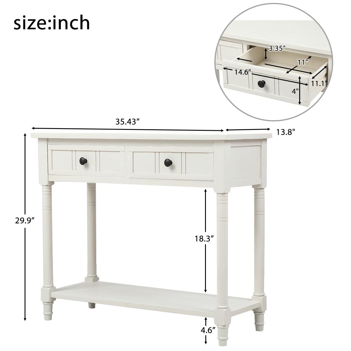JINS&VICO Ivory White Console Table with Two Drawers and Bottom Shelf - Entryway Sofa Table, Sideboard for Living Room & Dining Room - Perfect for Hallway Decor, Small Space Storage & Home Organization