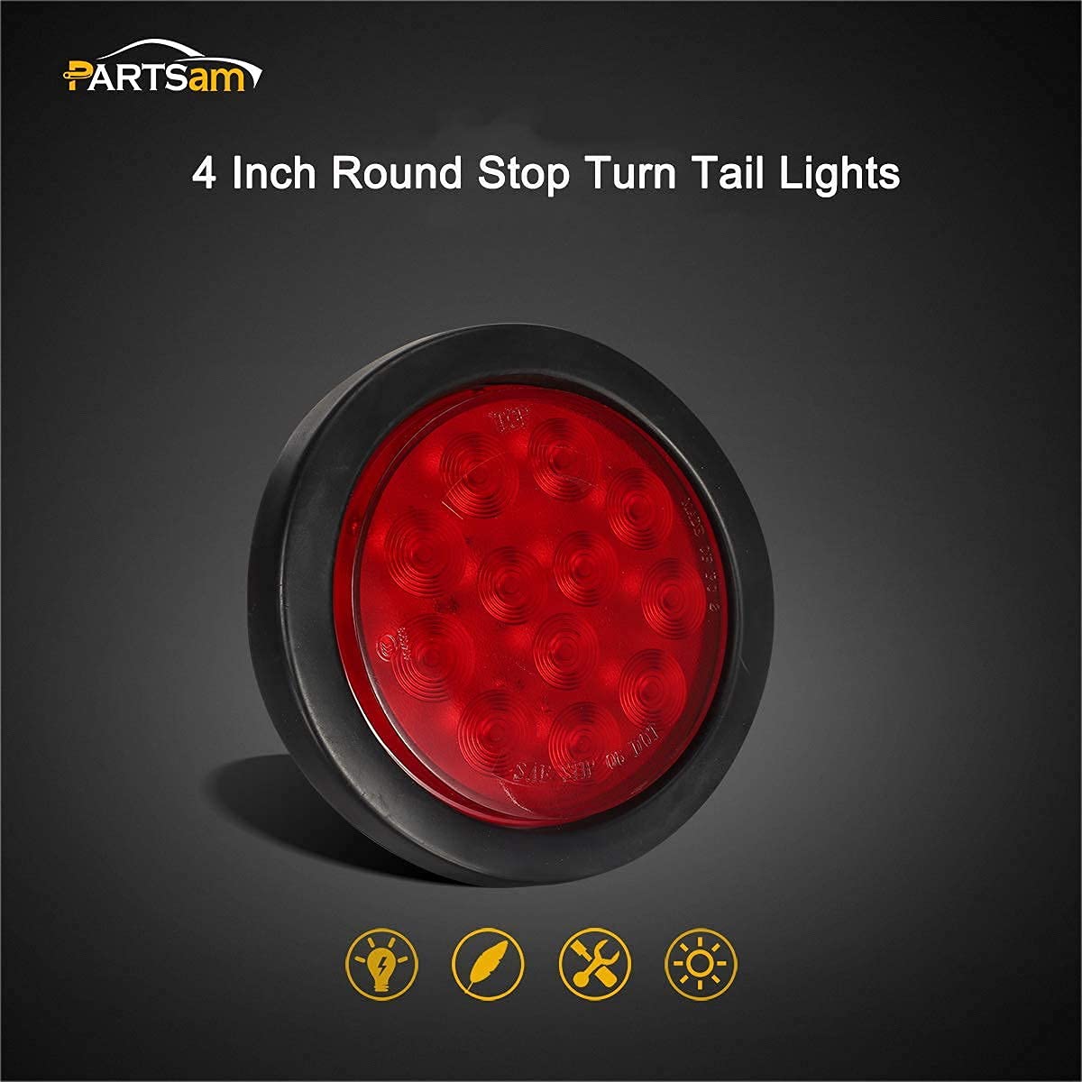 Partsam 4 Inch LED Trailer Lights Kit - 4Pcs Round Tail Lights (12LED) & 10Pcs 2 Inch Round Side Marker Lights (5 Amber + 5 Red) with Grommet Plugs & Wire Pigtails - Waterproof for Trucks, Trailers, RVs & Boats