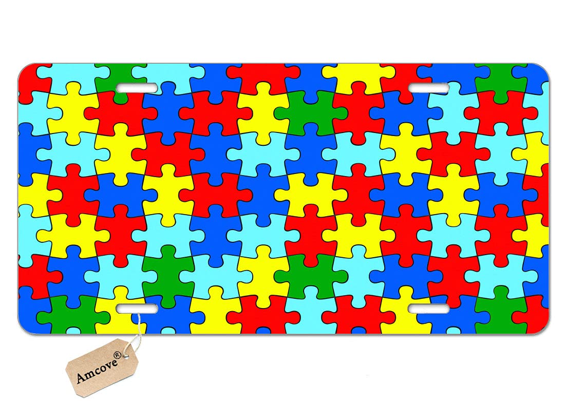 AMCOVE Autism Awareness Puzzle Piece Antique Auto Tag - 6x12 Inch Vintage Aluminum License Plate for Cars, Front Plate, Vanity Tag - Perfect for Autism Support, Car Decor & Gift Giving
