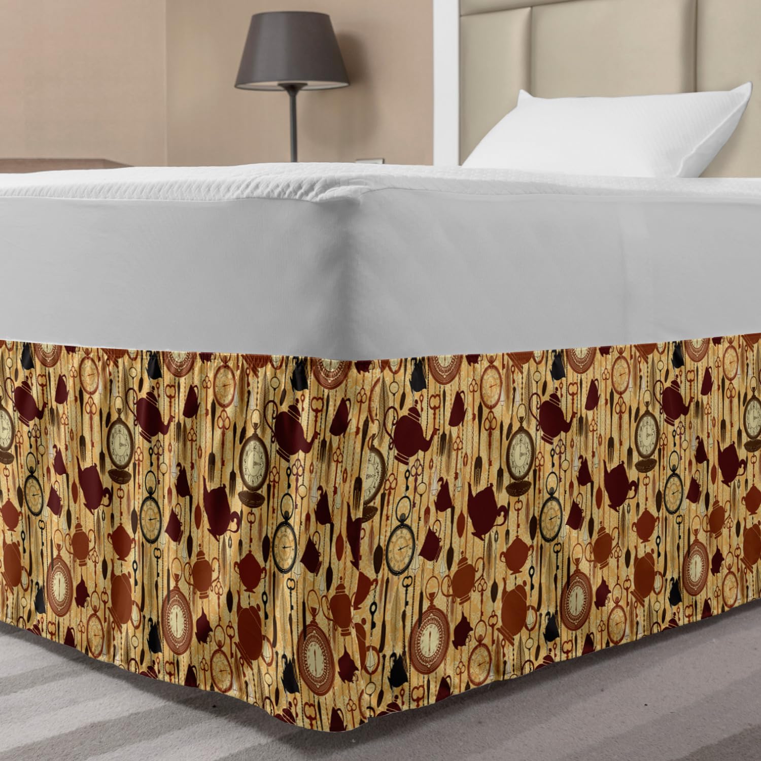 Ambesonne Victorian Style Tea Party Bedskirt - Breakfast Time Teacup & Silverware Print Elastic Wrap Around Bed Skirt with Gathered Design for Twin/Twin XL Beds - Brown Redwood Home Decor for Vintage Themed Bedrooms & Tea Party Room Styling