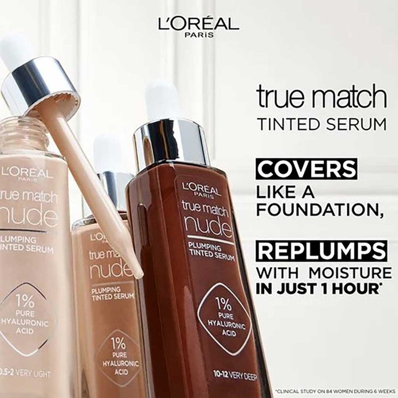 L'Oreal Paris True Match Nude Tinted Serum 30ml - Lightweight Foundation with Hyaluronic Acid, Shade 5-6 Medium Tan for Natural Glow | Daily Wear, Perfect for Work & Date Night Makeup