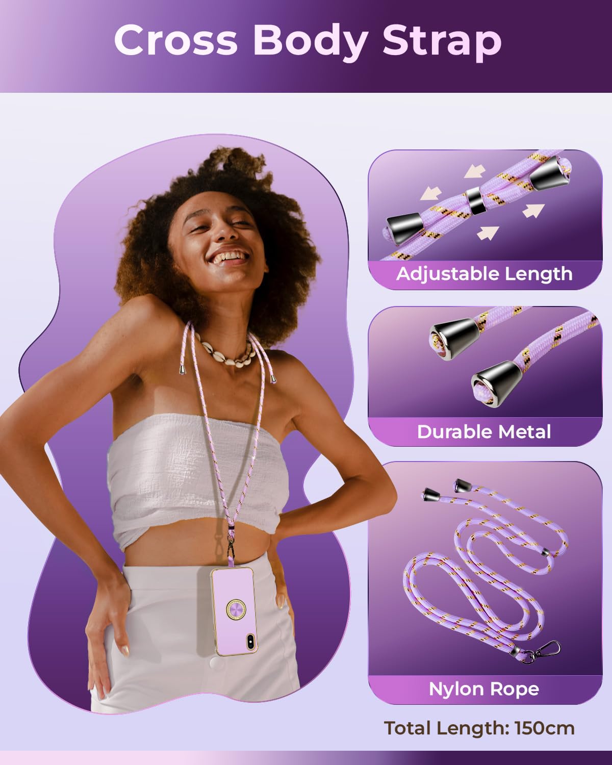 Premium Luxury Electroplated iPhone Xs Max Case with Ring Holder Stand & Lanyard - Soft TPU Shockproof Protective Cover for Women & Girls (Purple) - Perfect for Daily Use, Travel, and Hands-Free Convenience