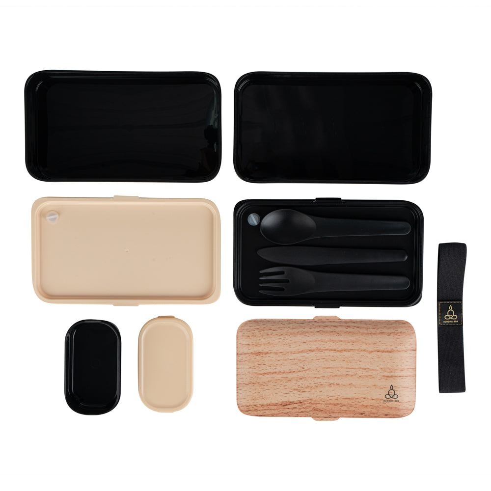 Bento Tek 41oz Wood Grain & Black Buddha Lunch Box with Utensils & Sauce Cup - 7.25