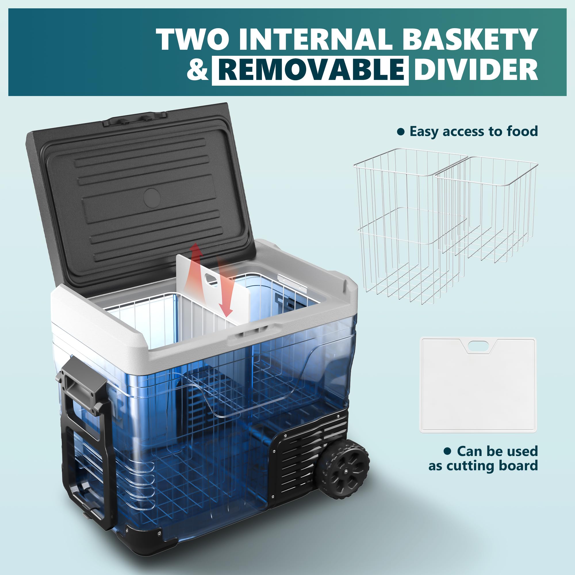 EUHOMY 12V/24V DC 53QT Portable Refrigerator Freezer -4°F to 68°F, 12 Volt Electric Cooler with Wheels & 2 Baskets for Car, RV, Truck, Boat, Camping & Outdoor Adventures | AC 110-240V Compatible | Perfect for Road Trips, Picnics & Tailgating