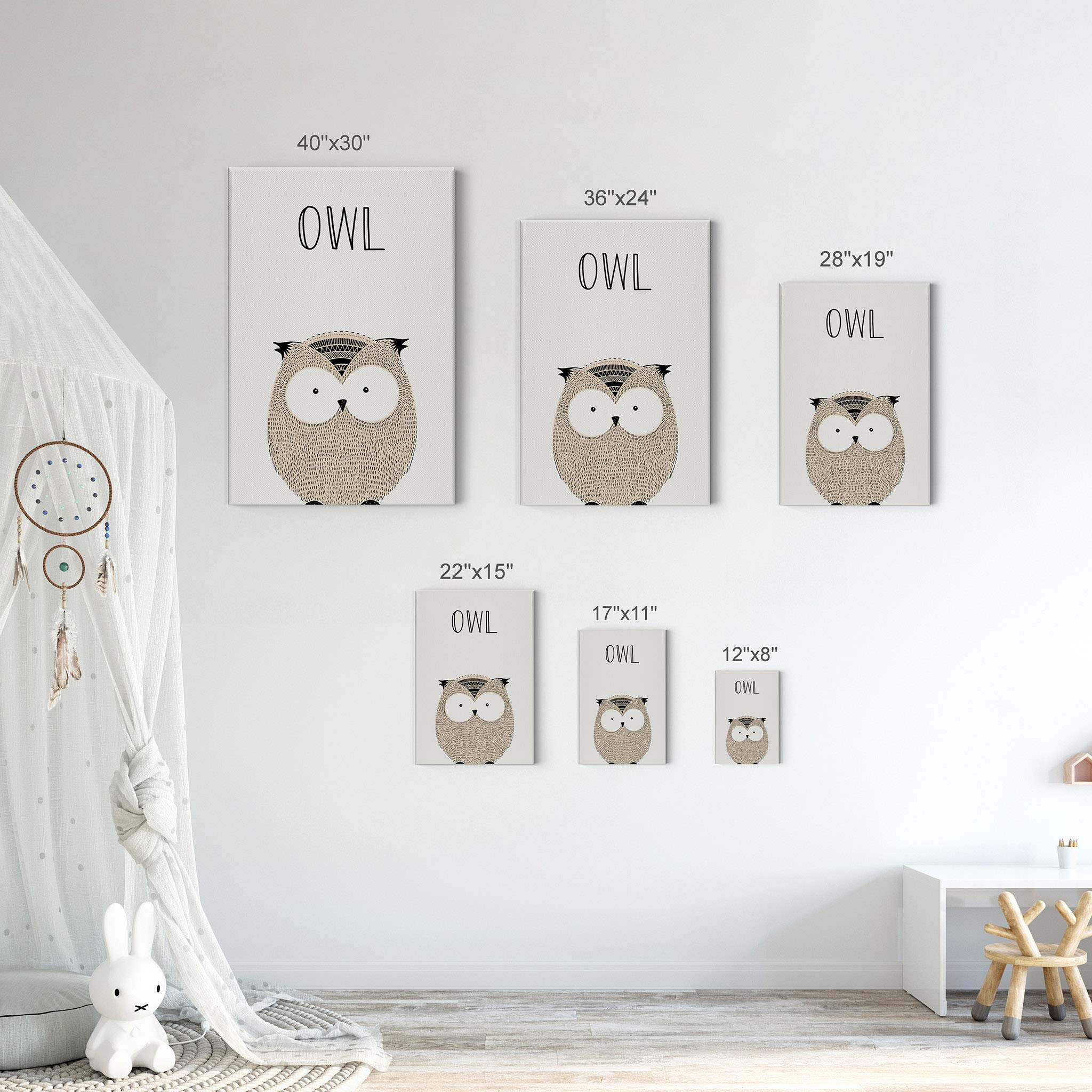 Owl Painting Canvas Print - Pretty Owl Art with Lettering on Cream Background, 40x30 Inch, Ready to Hang Wall Decor for Kids Room, Nursery, Baby Room | Made in USA | Perfect for Birthday Gifts & Home Decoration