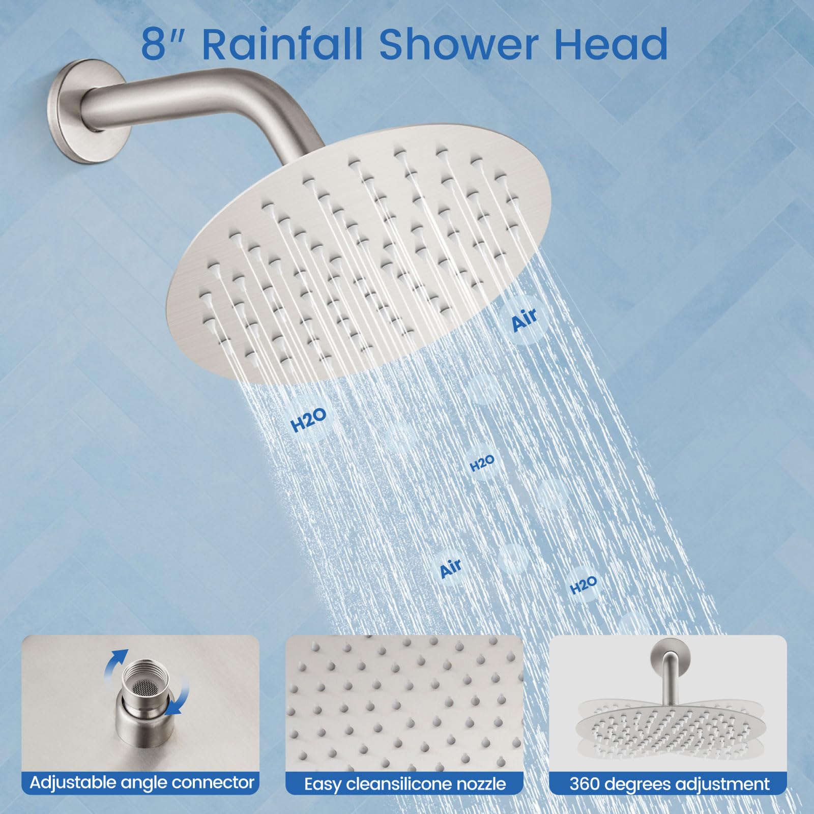 Airuida 2-Function Wall Mount Shower System - High Pressure Brass Handheld Shower with 8 Inch Rainfall Shower Head & Rough-in Valve in Brushed Nickel Finish | Perfect for Bathroom Renovation & Spa-Like Shower Experience