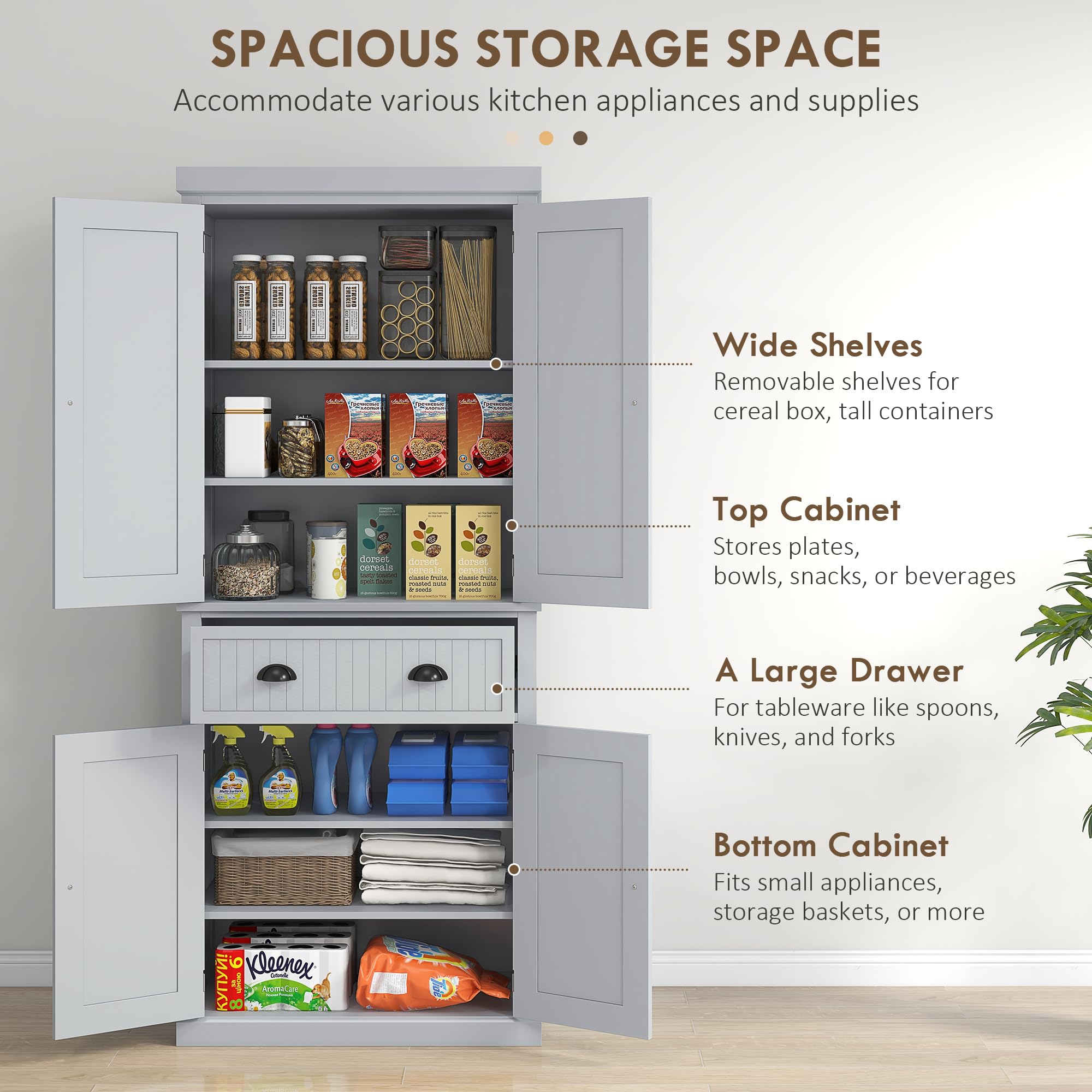 HOMCOM 72-Inch Traditional Kitchen Pantry Cabinet - Freestanding Tall Storage Cabinet with 4 Doors, 1 Drawer & 3 Adjustable Shelves for Dining Room, Living Room or Kitchen - Gray Wooden Cabinet for Home Organization & Storage