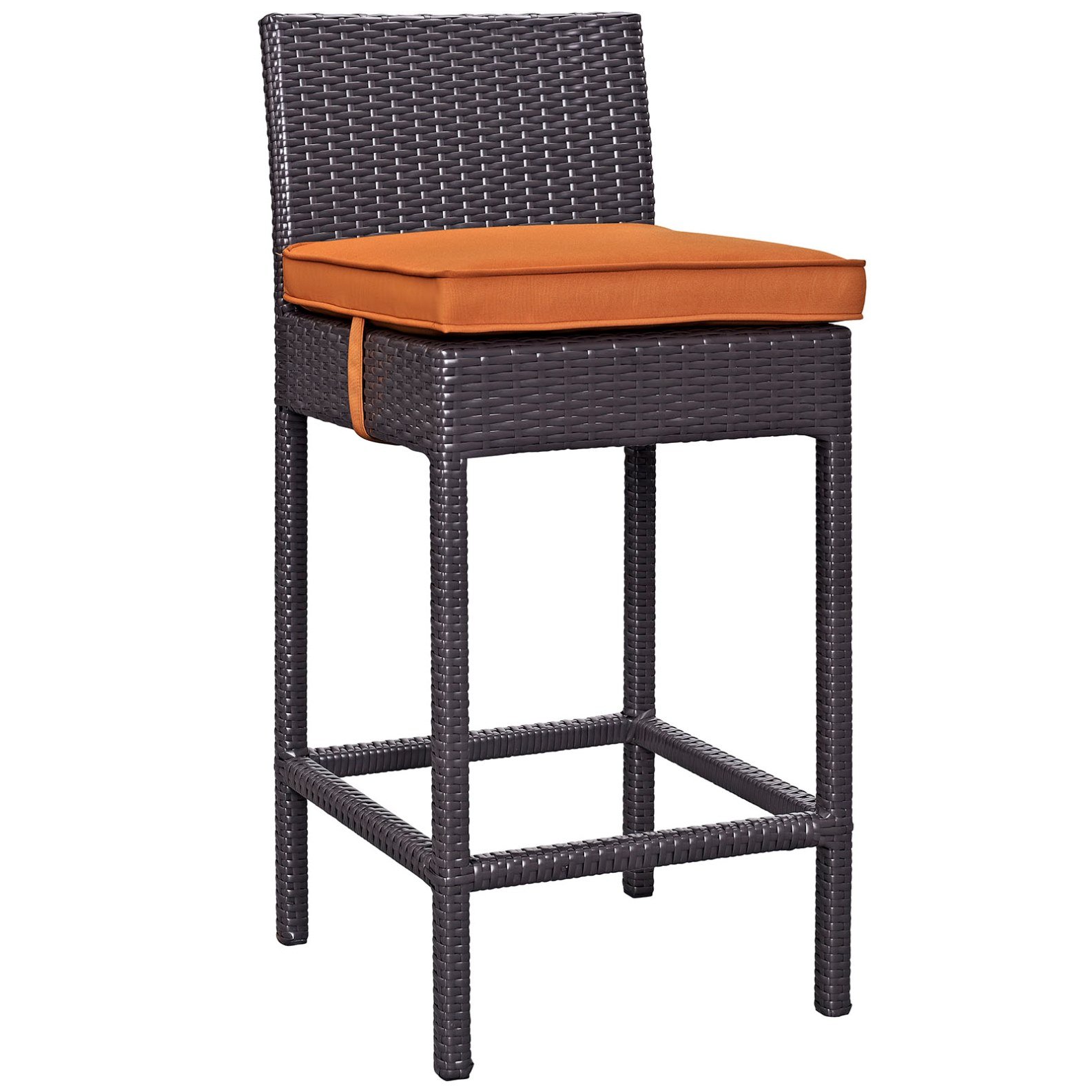 Modern Contemporary Urban Design Outdoor Patio Balcony Bar Stool Chair (Set of 2) - Rattan Wicker Barstools with Orange Cushions for Garden, Poolside & Bistro Decor