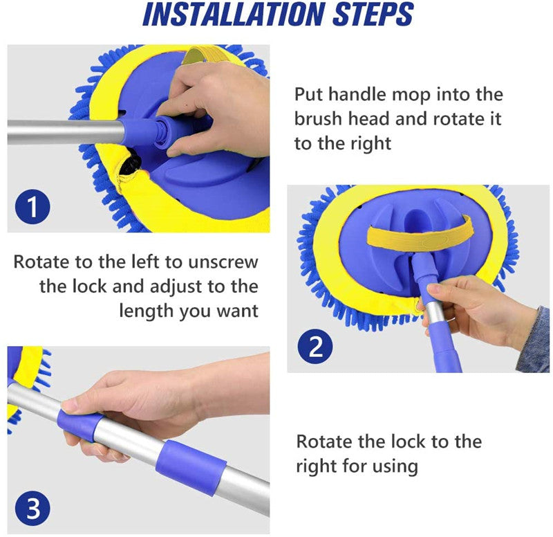 2 in 1 Telescopic Chenille Car Wash Mop with Removable Wash Mitt (1.75-3.75 ft Extension) - Premium Car Cleaning Kit for Easy Washing, Waxing & Drying - Perfect for Sedans, SUVs & Trucks