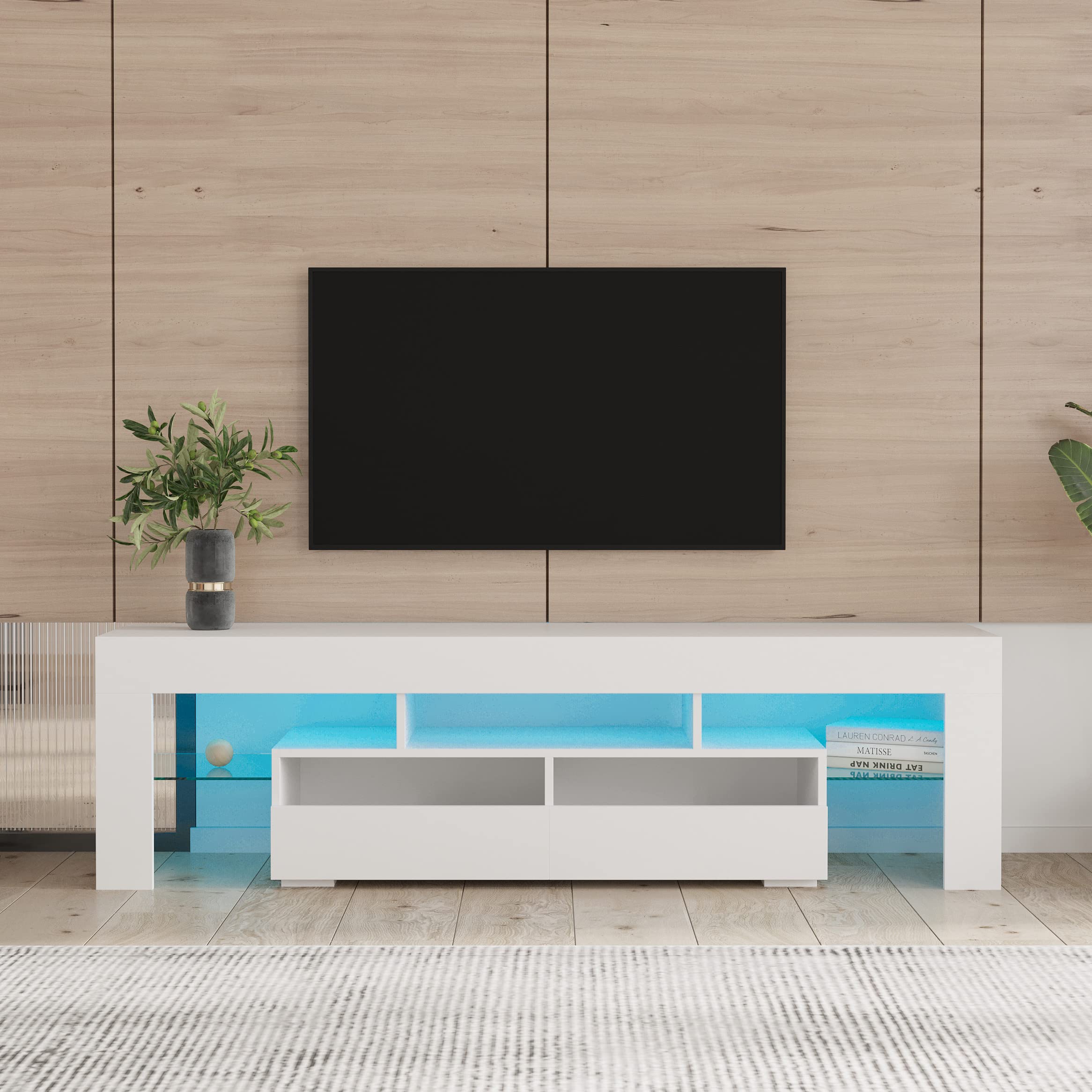 Modern TV Stand Cabinet with 2 Drawers & 2 Open Shelves - 20-Color RGB LED Lighting with Remote Control - White Living Room Furniture for Home Entertainment Setup - Perfect for Gaming Rooms, Media Centers & Modern Apartments