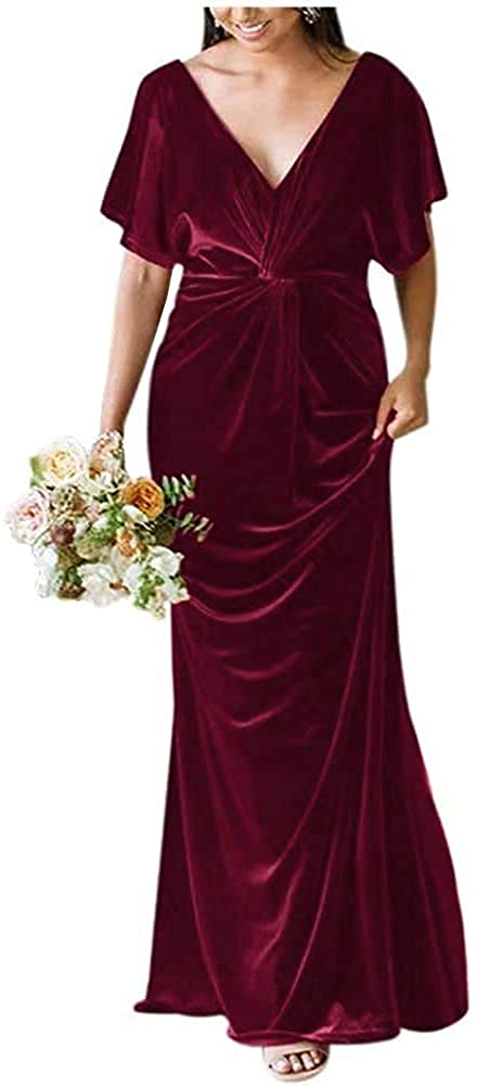 ABCDRESS Women's Velvet V-Neck Short Sleeve Mermaid Bridesmaid Dress with Ruffle Detail - Formal Evening Gown for Weddings, Parties & Special Occasions