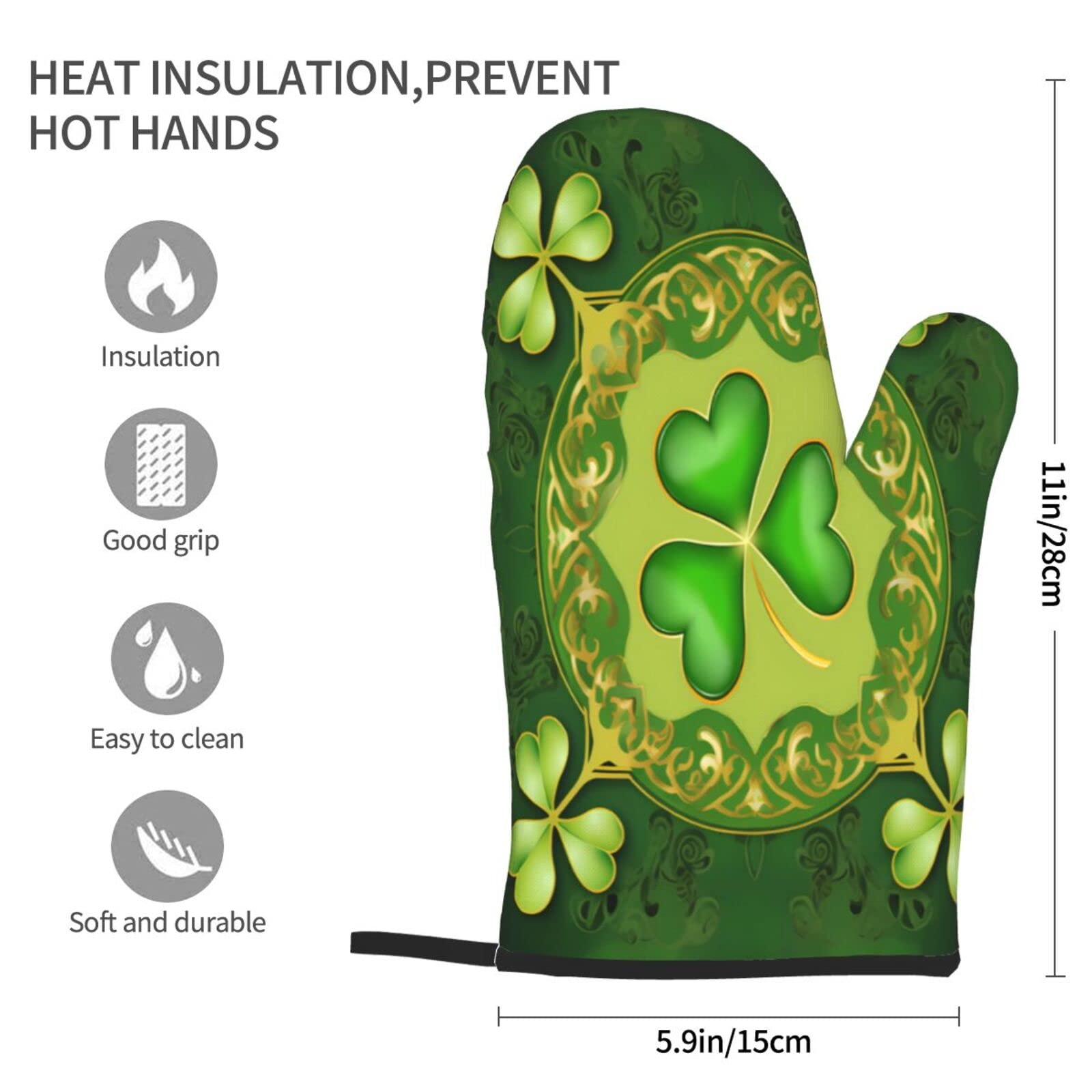 2-Piece Green Shamrock Clover Oven Mitts Set - Heat Resistant Baking Gloves for Cooking, BBQ, Grilling & Kitchen Use - Perfect for St. Patrick's Day & Holiday Baking