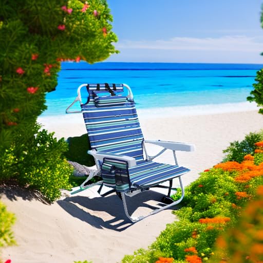 Heavy Duty Beach Chairs for Adults - Portable Folding Chair with Backpack Straps & Large Cooler Pouch, Supports 350LBS - Compact Lay Flat Design (Blue & Cyan Stripes) - Perfect for Beach, Camping, Picnics and Outdoor Relaxation