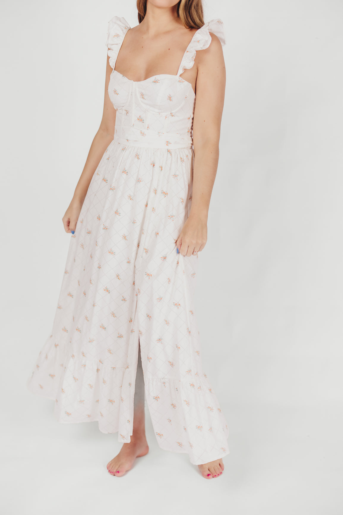 Rosamund Bustier Style Maxi Dress - Floral Blush Pink Women's Plus Size Dress (S-3XL) | Perfect for Weddings, Parties & Summer Vacations