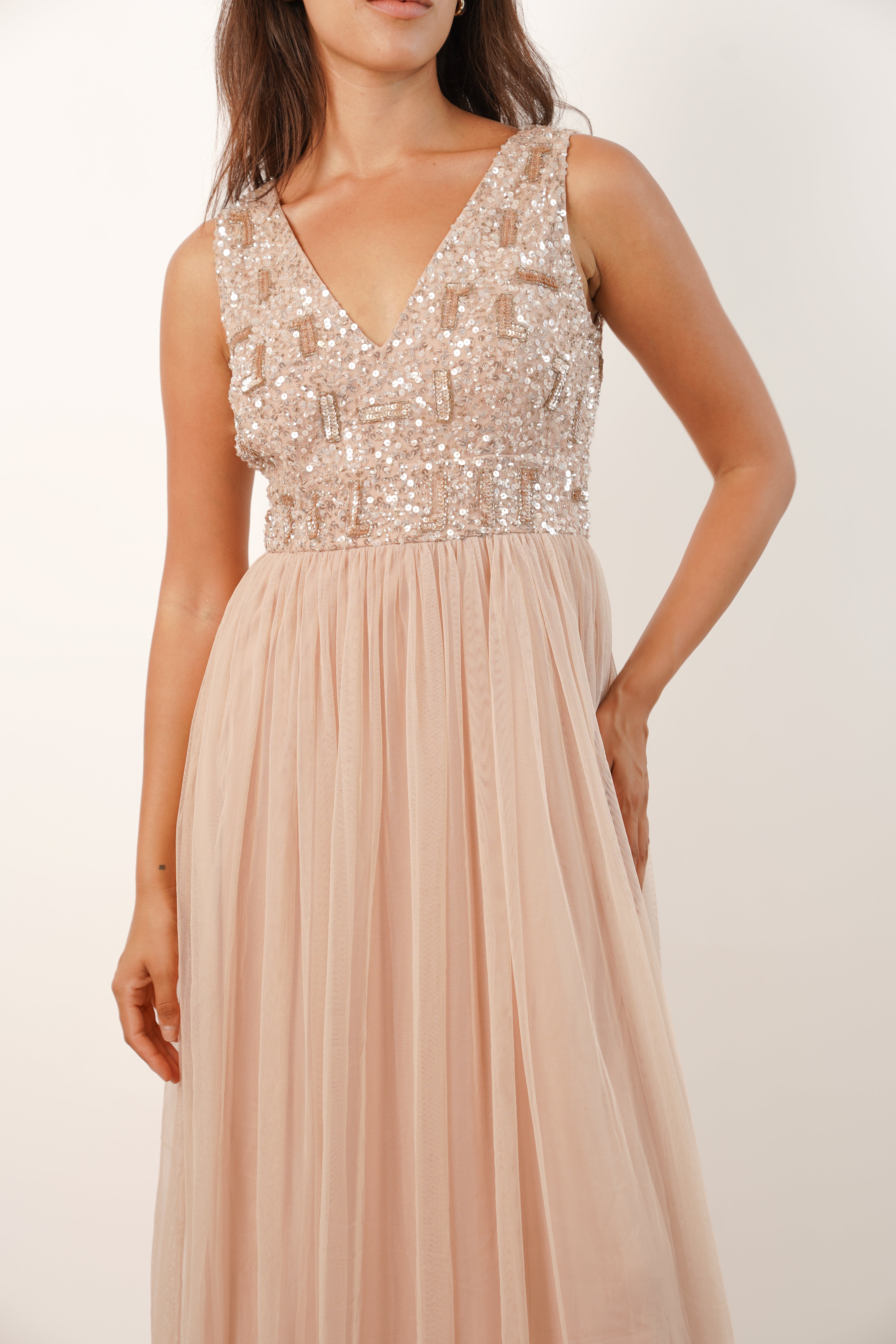 Aurora Nude Embellished Maxi Dress for Women - Elegant Long Evening Gown with Beaded Details, Perfect for Weddings, Parties & Special Occasions
