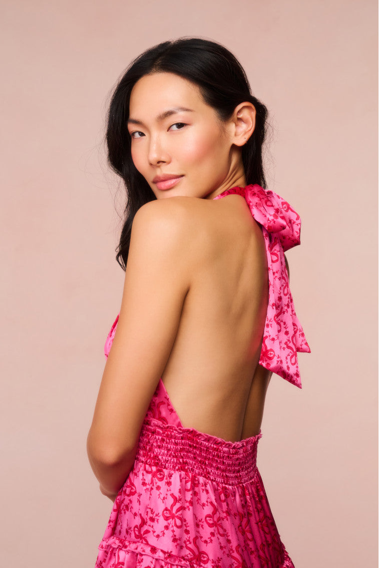 Quintelle Women's Silk Halter Mini Dress with Bow Print - Elegant & Flirty Party Dress for Cocktail, Wedding, Date Night & Special Occasions