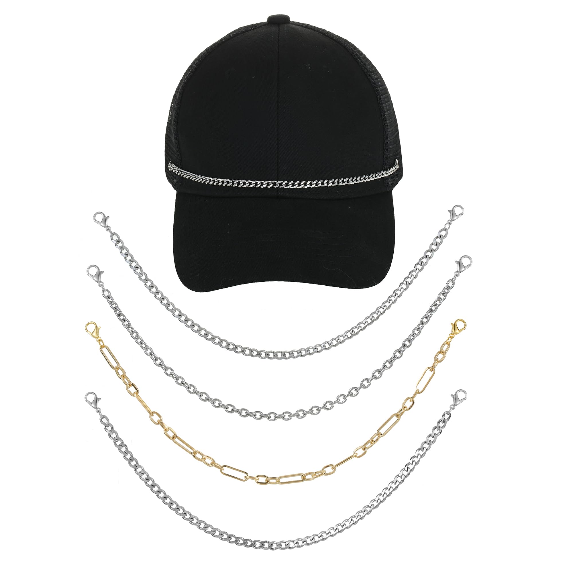 4 Pcs Trucker Hat Chains - Bill Decoration Hat Charms, DIY Metal Chains for Mesh Baseball Caps - Perfect for Customizing Hats, Trucker Caps & Accessories (Great for Parties, Festivals & Outdoor Events)