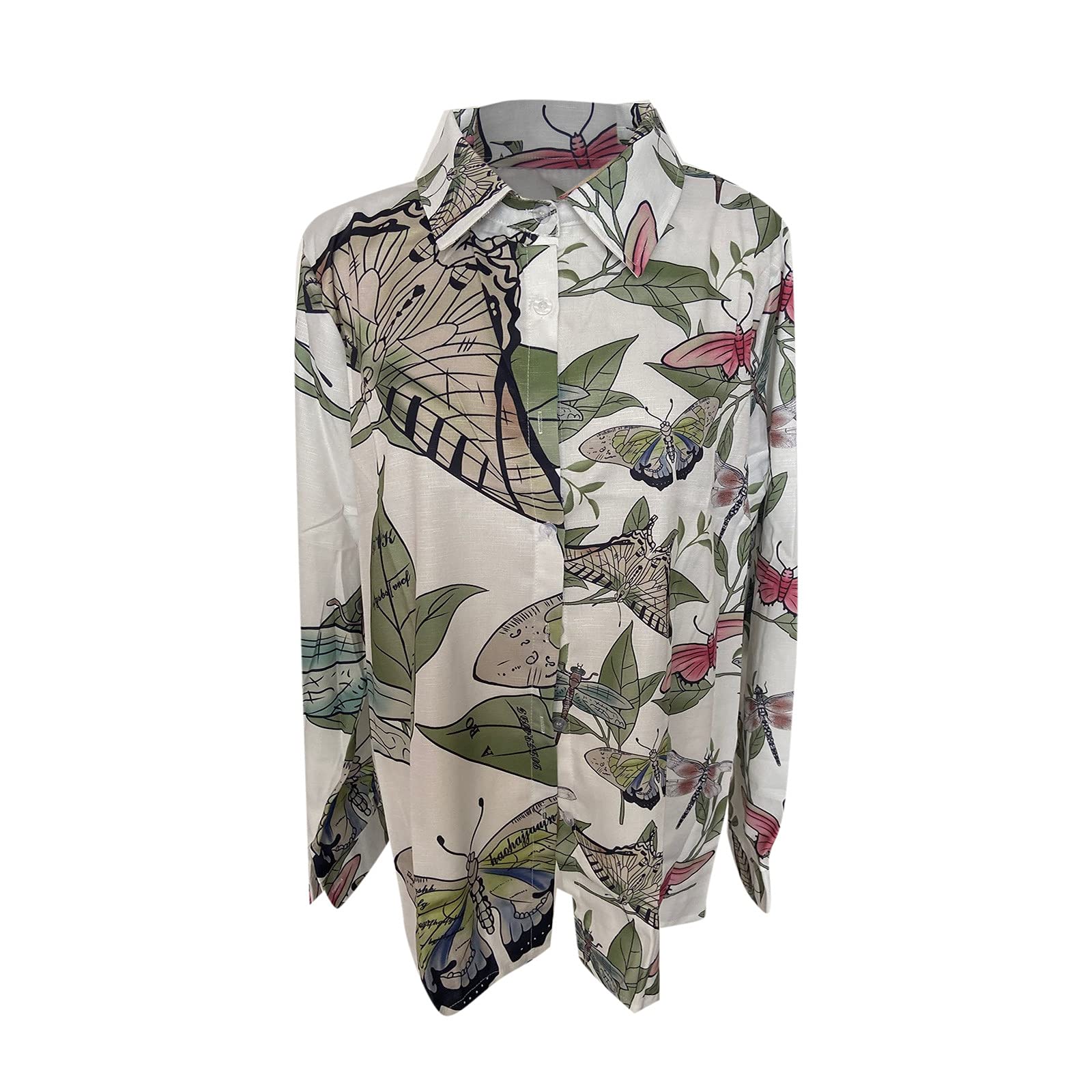 Women's Lapel V-Neck Mushroom Print Shirts - Summer Cotton Linen Long Sleeve Button Down Blouses for Casual Work & Outdoor Activities