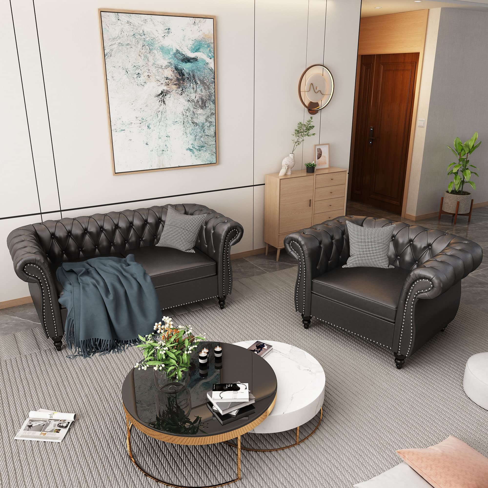 Modular Sectional Sofa Set - PU Leather Upholstered with Tufted Cushions, Space-Saving Furniture for Small Living Rooms & Office Meeting Areas (Black, 1-2 Seater) - Perfect for Apartments, Condos and Compact Workspaces
