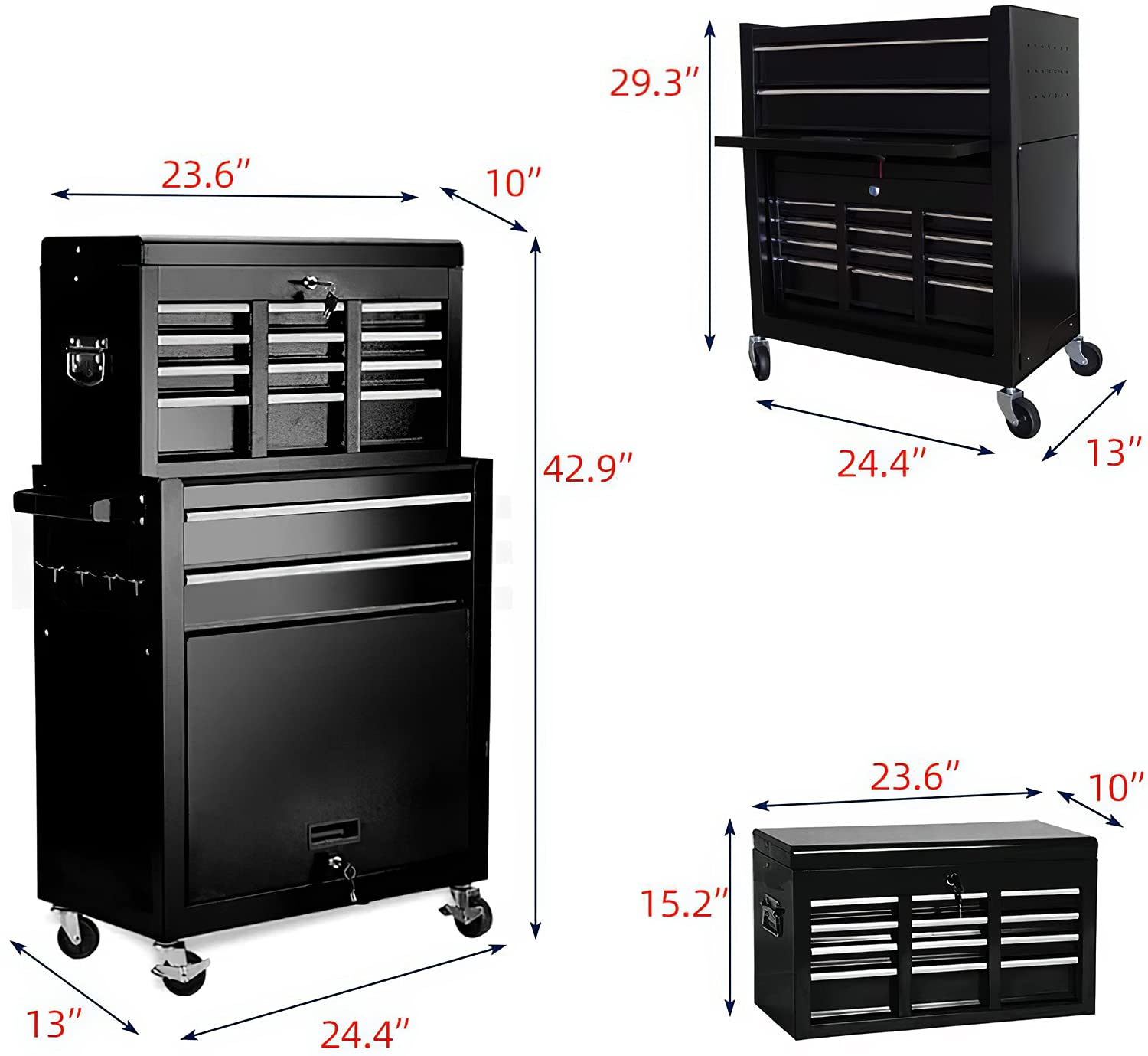 8-Drawer Rolling Tool Chest Organizer - Heavy Duty Tool Storage Cabinet with Lock & Wheels, Portable Tool Box for Garage, Workshop, Warehouse, Auto Repair & DIY Projects (Black)
