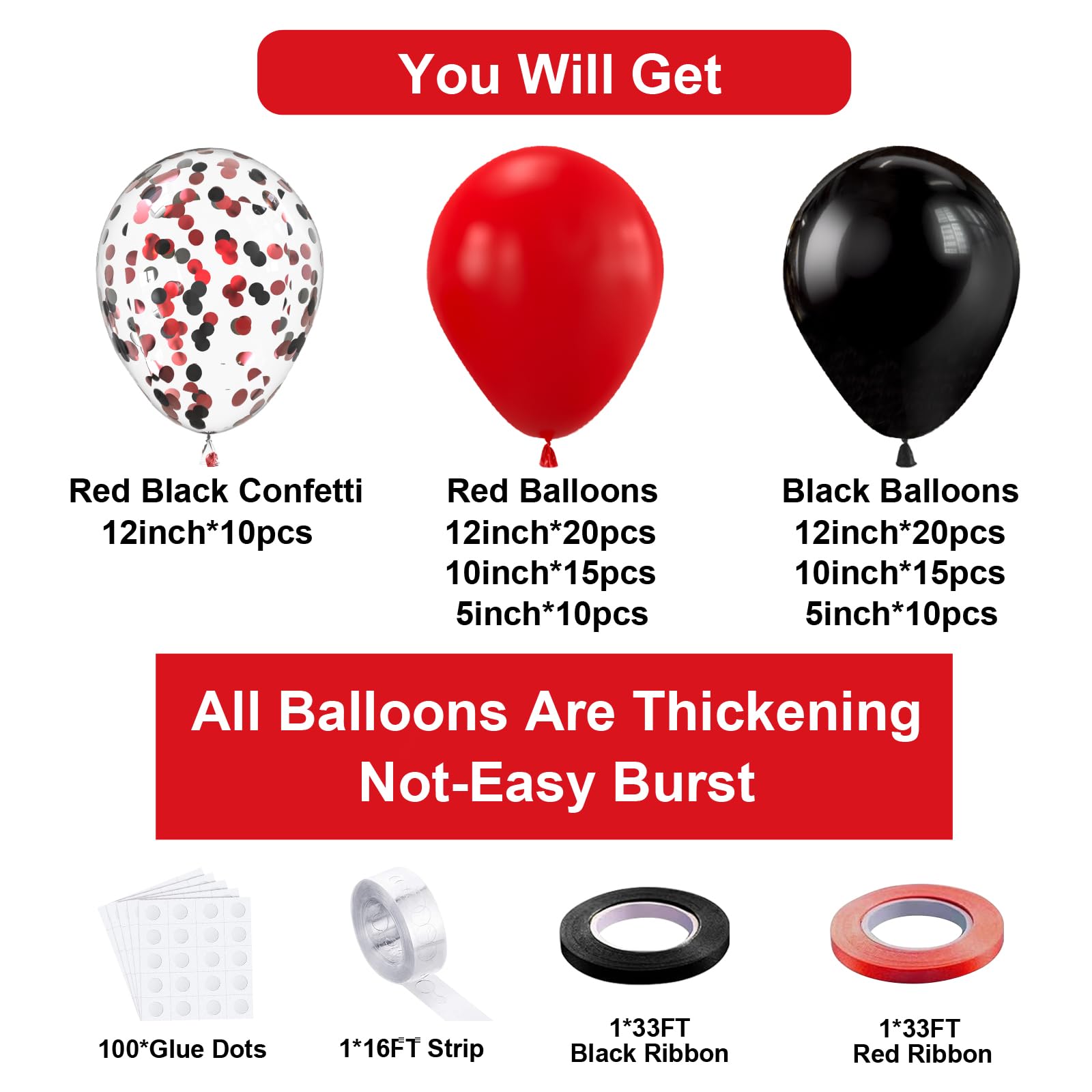 Bezente 100Pcs Red and Black Balloons Garland Kit with Confetti Balloons - Wedding, Birthday, Graduation, BBQ, Casino, Prom Party Decorations - Perfect for Arch, Backdrop, and Ceiling Decor