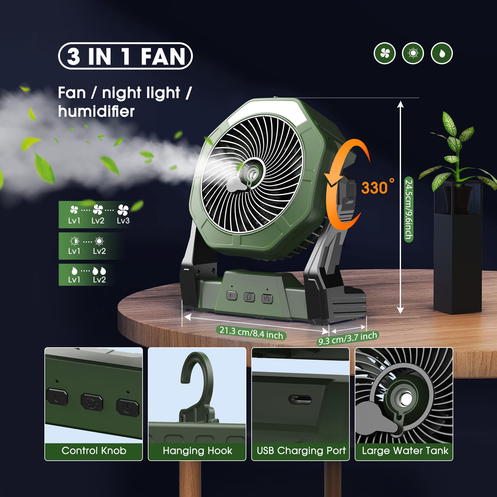 10W Solar Misting Fan with 10000mAh Battery & 250ml Water Tank - 8 Inch Portable Rechargeable Cooling Fan with Solar Panel & Hook - Perfect for Camping, Travel, Patios, Garages & Outdoor Tents