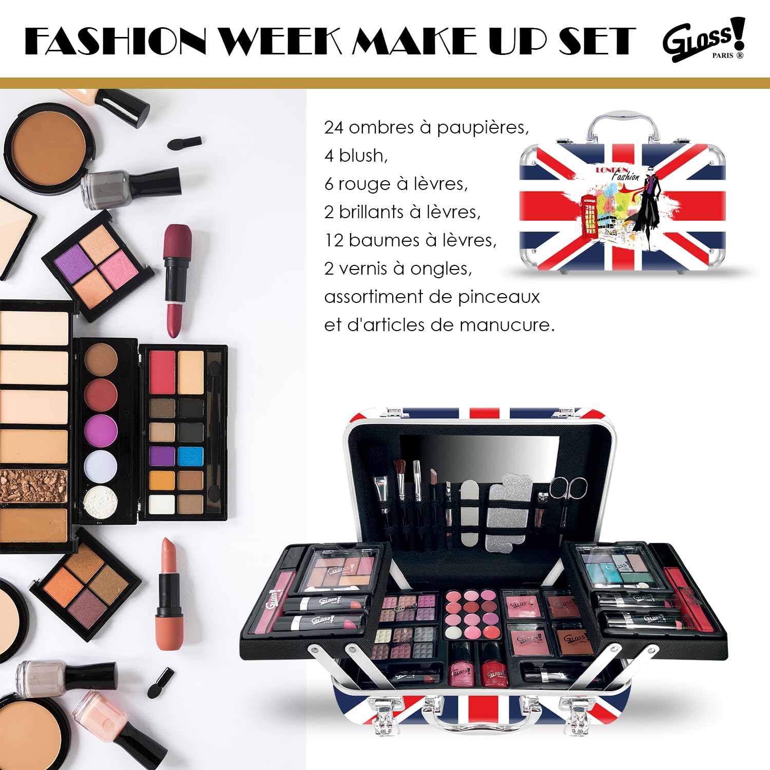 62Pcs Beauty Makeup Case Set - Luxury Travel Cosmetic Organizer with Mirror, Perfect Gift for Women, Christmas, Birthday (London UK Design) - Ideal for Travel, Home Storage & Makeup Artists