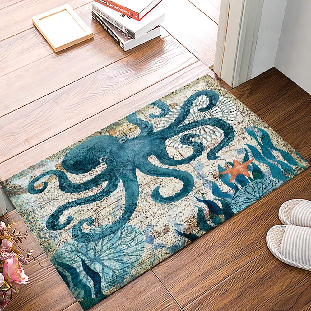 Non-Slip Octopus Floor Mat - 20x31.5 Inch Indoor Welcome Mat for Bedroom, Bathroom & Living Room - Waterproof Low Profile Home Decor with Nautical Ocean Theme - Perfect for Coastal, Beach House or Kids Room Decor