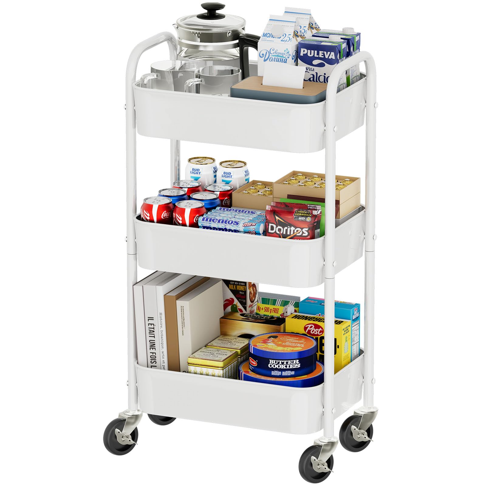 3-Tier Rolling Metal Cart with Wheels - Heavy Duty Kitchen Storage Organizer for Books, Snacks & Tools - White - Perfect for Small Spaces, Dorm Rooms & Office Organization