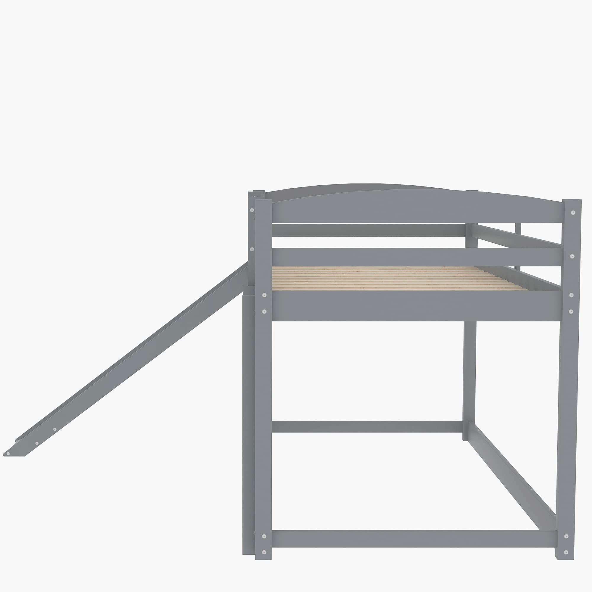 Convertible Twin Over Twin Bunk Bed with Slide - Wooden Low Loft Bed Frame with Safety Guardrails & Ladder for Kids, Teens, Boys & Girls - Grey | Space-Saving Kids Bedroom Furniture for Small Rooms, Dorms & Shared Spaces