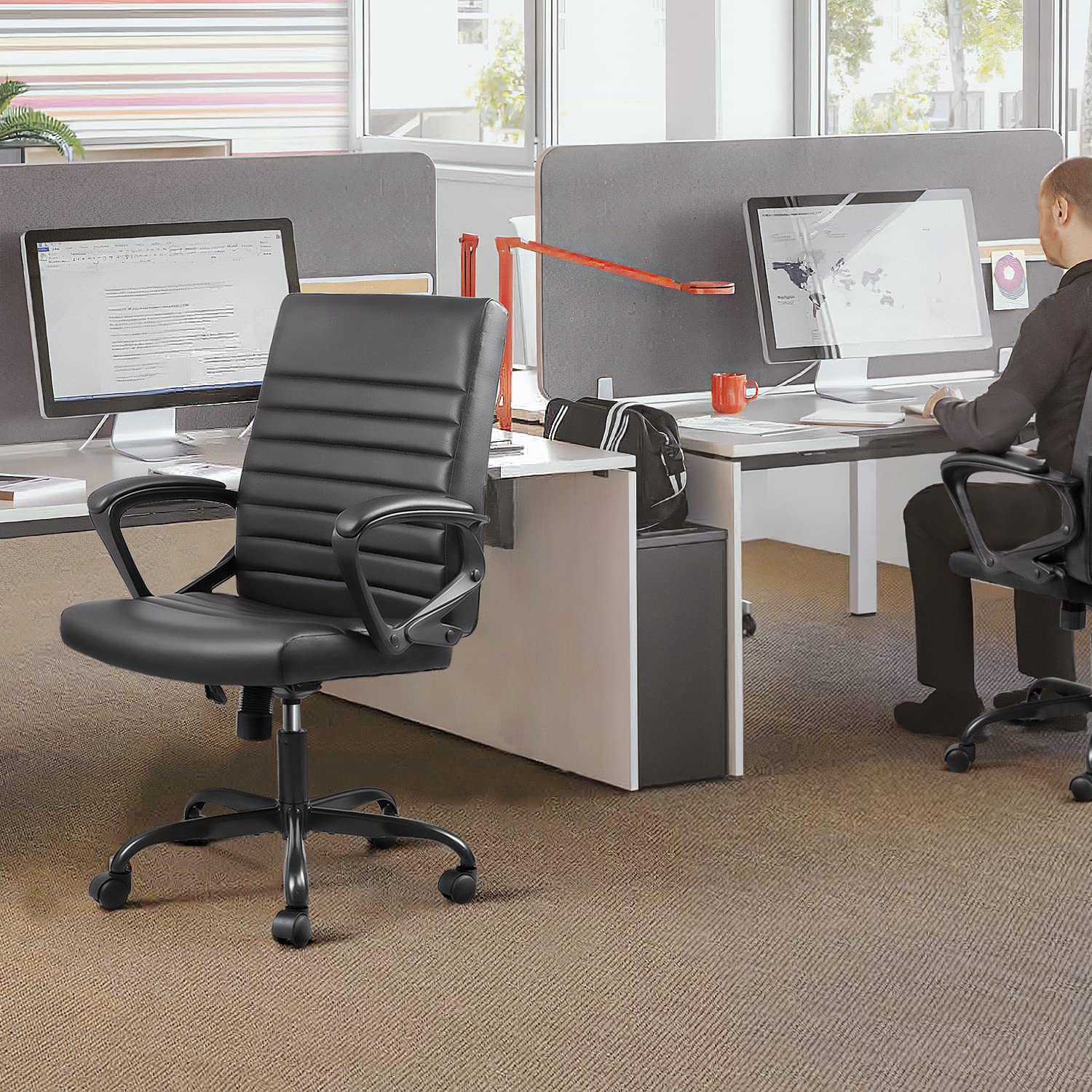 Devoko Mid Back Office Chair - PU Leather Executive Desk Chair with Padded Arms, Swivel & Rolling Wheels - Ergonomic Computer Task Chair for Home & Office Workspace (Black) - Perfect for Long Hours of Sitting, Gaming, and Remote Work