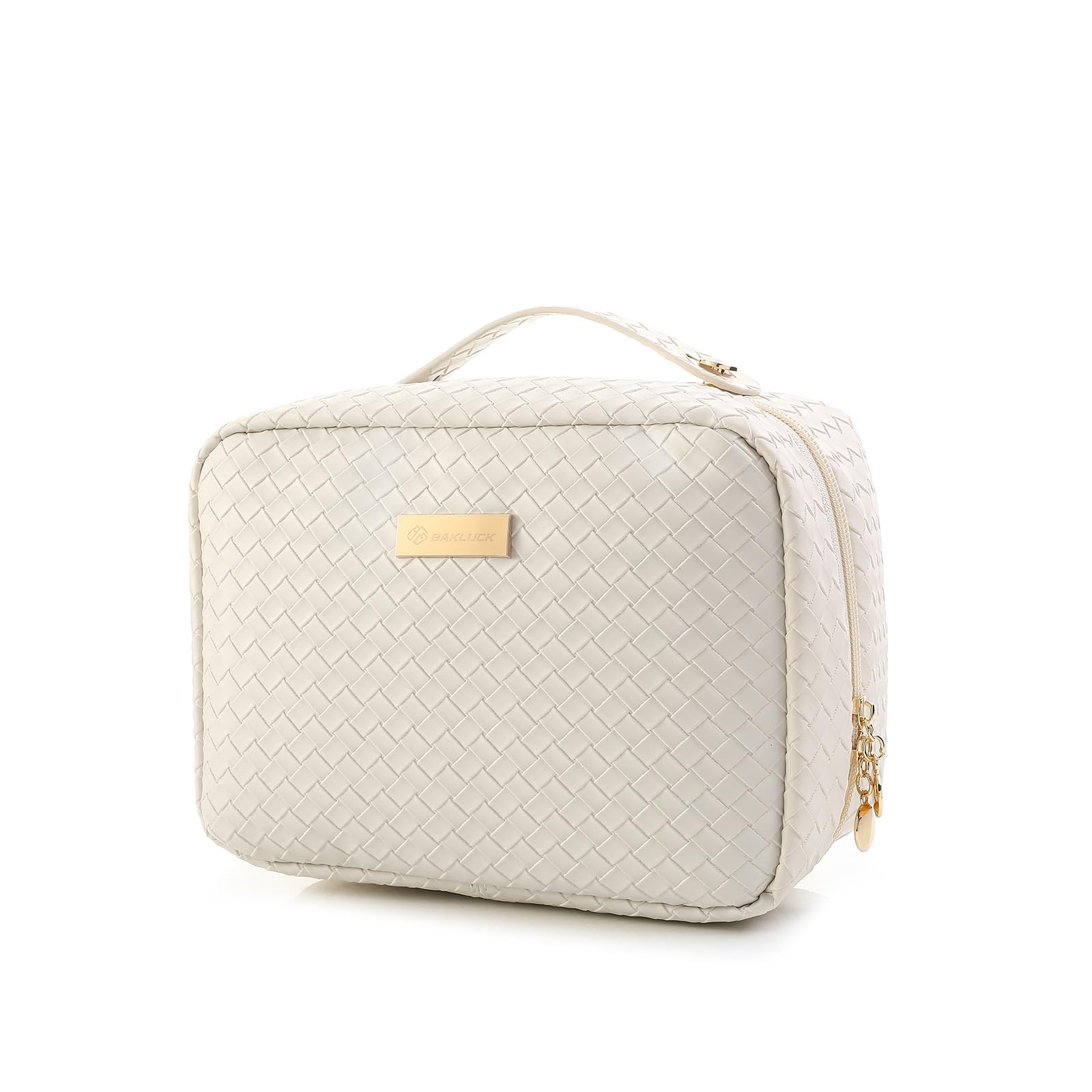 Large Capacity Travel Makeup Bag - Clear Double-Sided Checkered Cosmetic Organizer with Brush Compartments | Waterproof PU Leather Makeup Case for Women (Beige) | Perfect for Air Travel, Gym & Daily Beauty Essentials