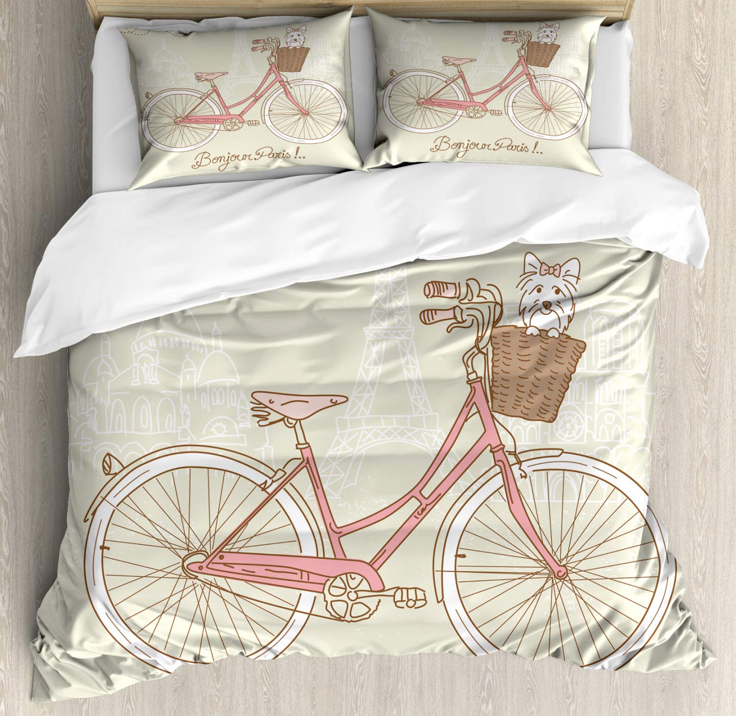Ambesonne King Size Dog Duvet Cover Set - Paris Themed Dog in Bicycle Basket Print, 3 Piece Bedding Set with 2 Pillow Shams, Eggshell & Coral - Perfect for Pet Lovers' Bedroom Decor & French Inspired Home Styling