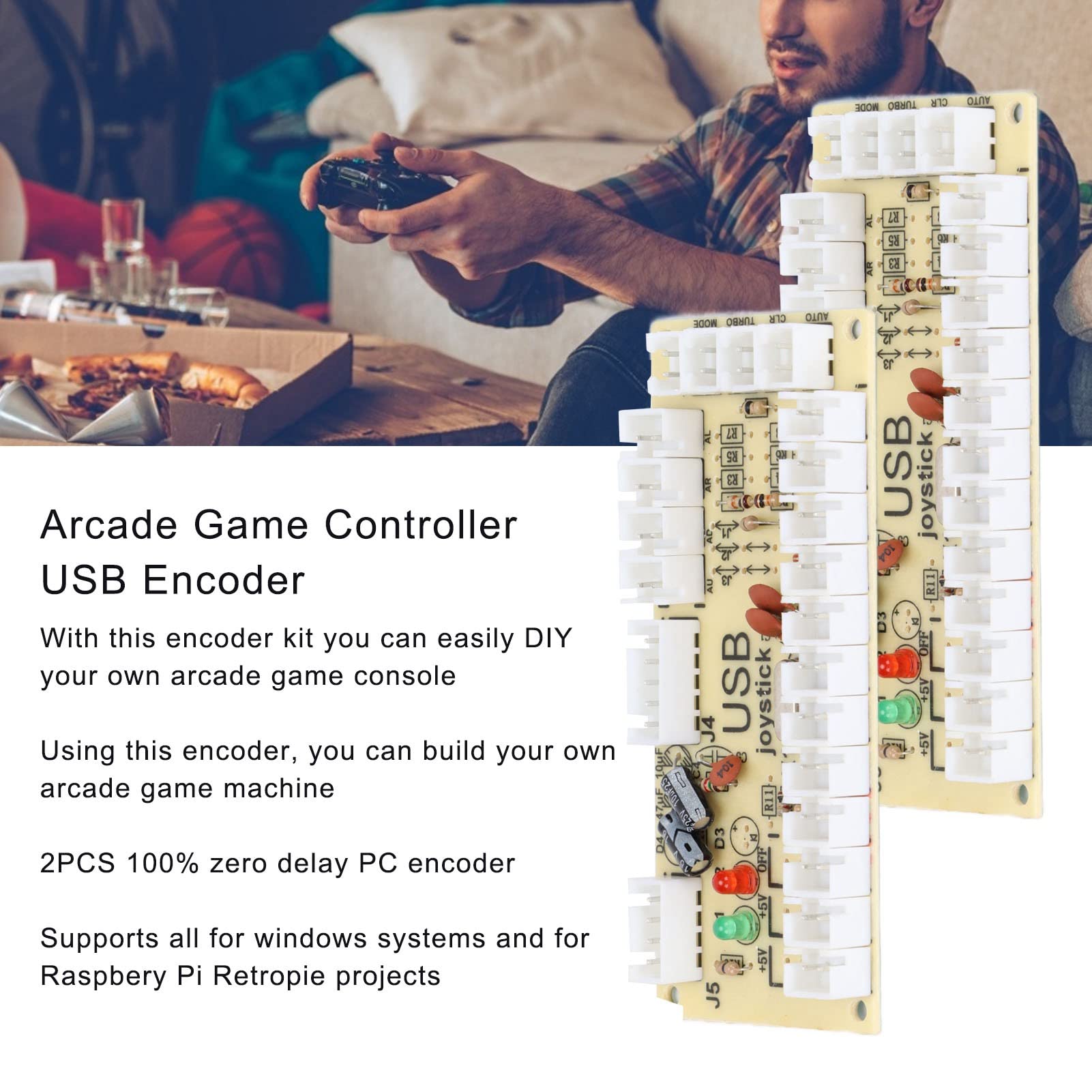 ASHATA Zero Delay USB PC Encoder - Game Controller Board with Button Wires & 5-Pin Joystick Cable for PC, MAME, Raspberry Pi & Retropie (QM070913 Dual) - Perfect for Arcade DIY Projects & Gaming Consoles