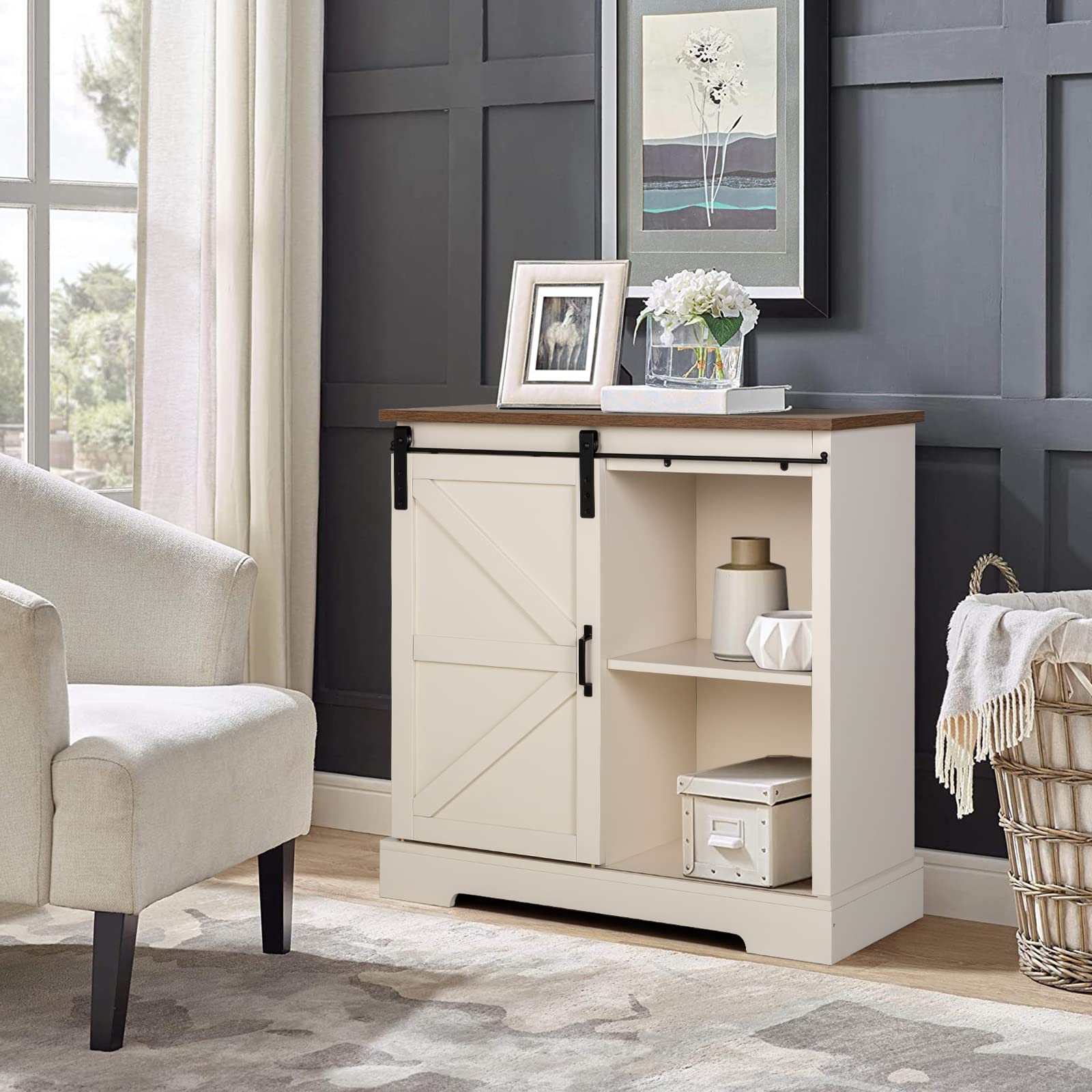 Sophia & William Farmhouse Coffee Bar Cabinet - Kitchen Buffet Storage with Sliding Barn Door, Ivory White - Perfect for Dining Room, Living Room & Home Bar Decor
