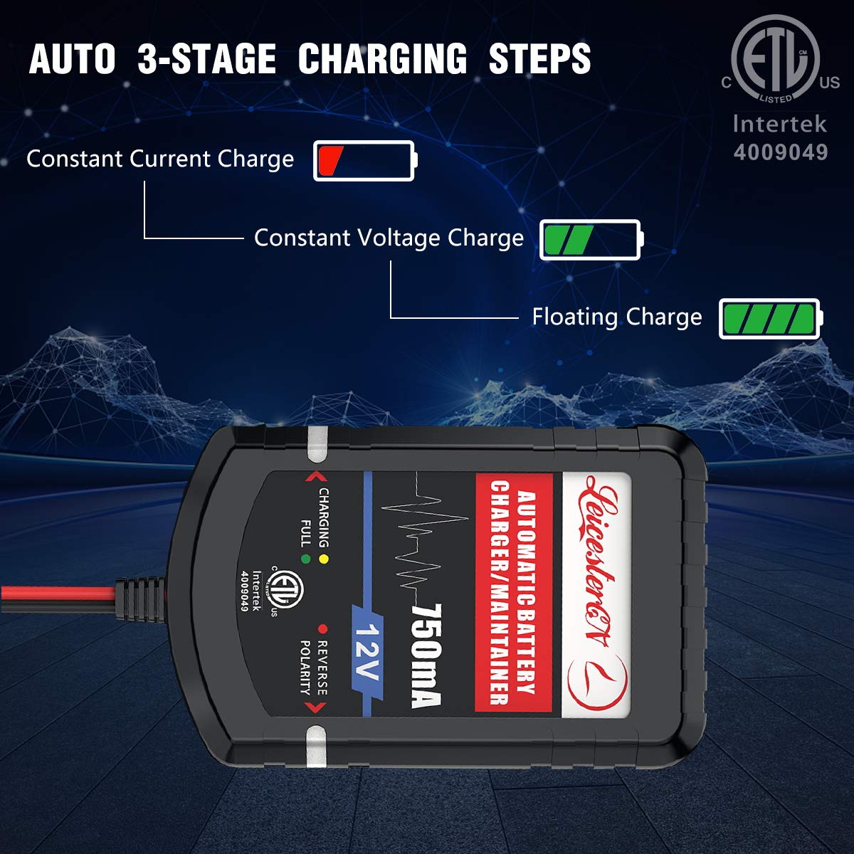 LEICESTERCN 12V 750mA Smart Battery Charger for Car, Motorcycle, Boat - Auto Maintenance & Long Storage